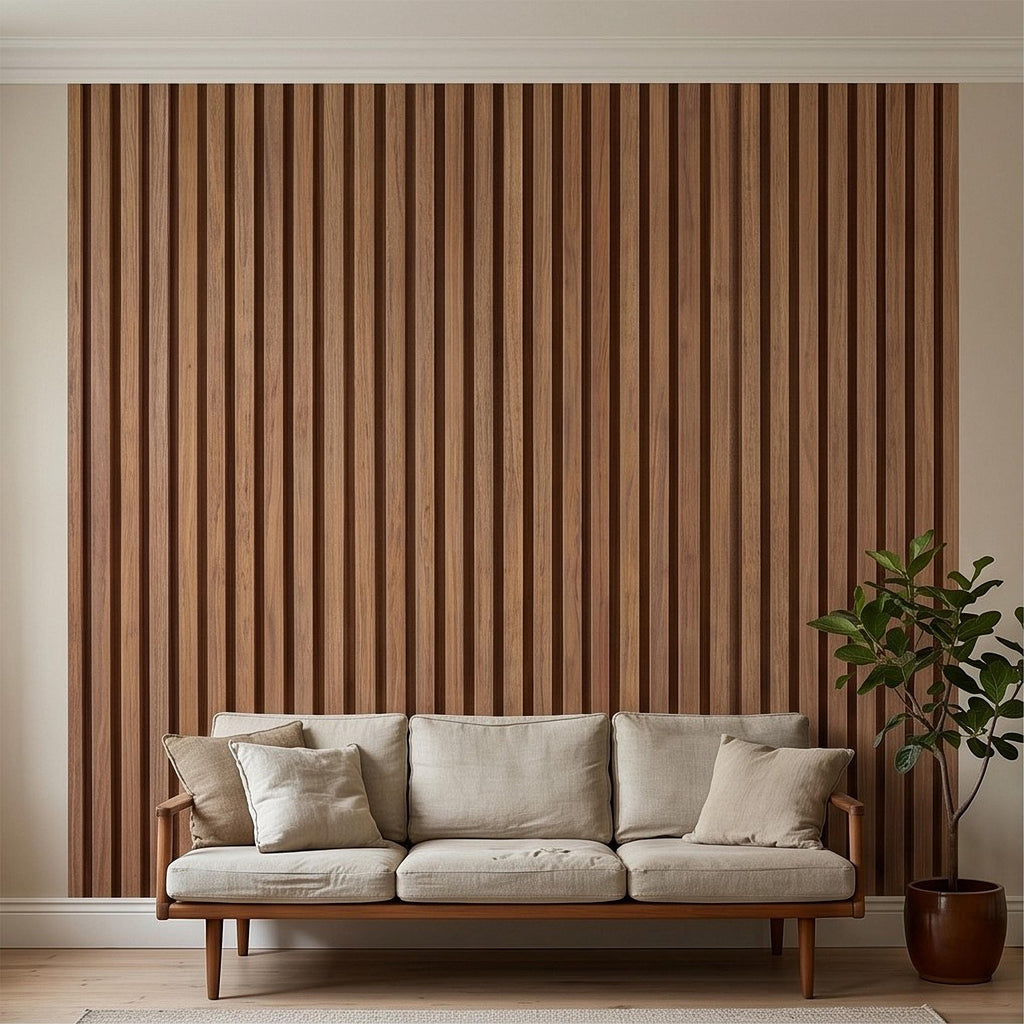 Vertical Faux Wood Slat Panel Peel and Stick Wall Mural, Natural Walnut Wood Texture, Modern Scandinavian Wallpaper