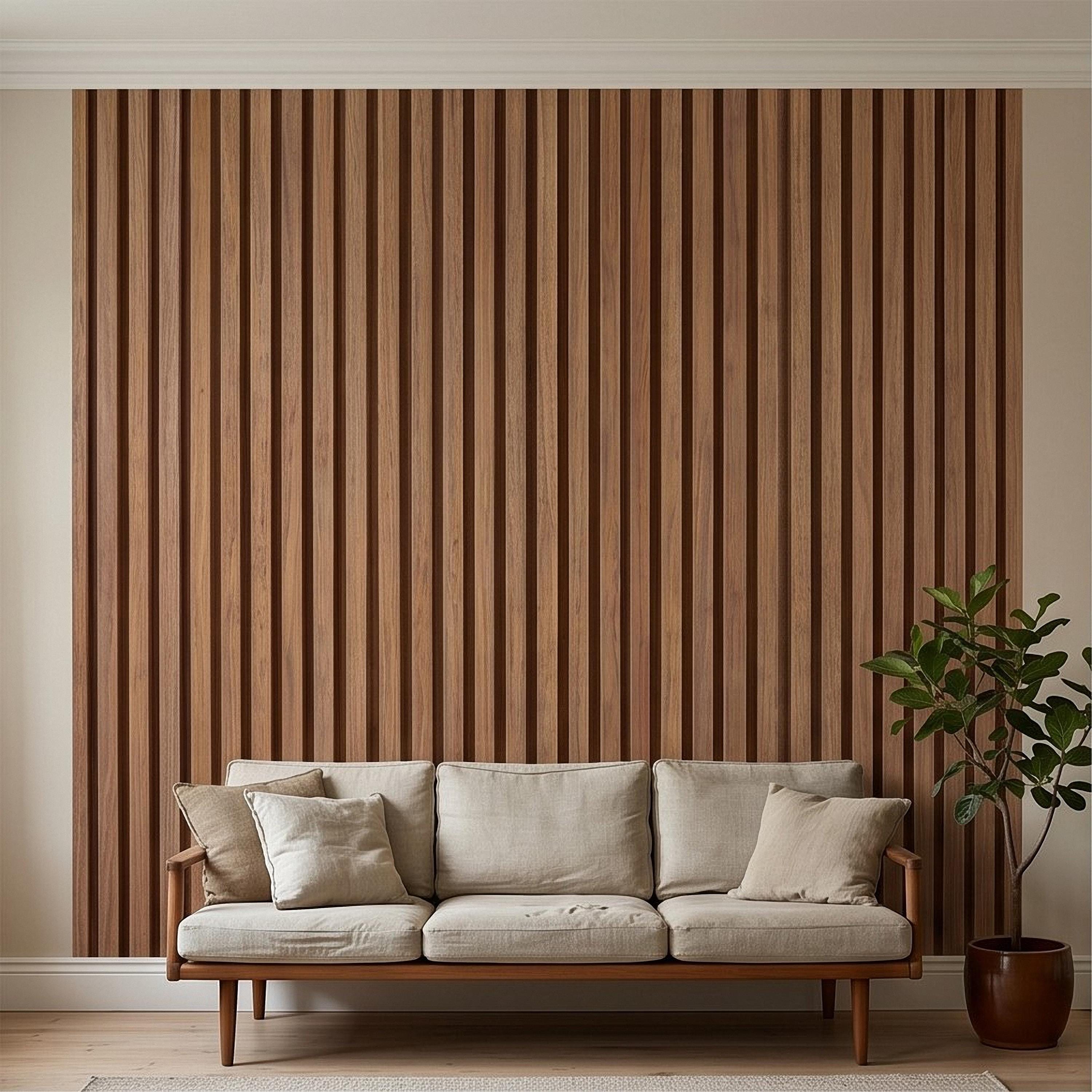 Vertical Faux Wood Slat Panel Peel and Stick Wall Mural, Natural Walnut Wood Texture, Modern Scandinavian Wallpaper