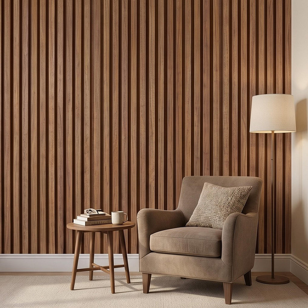 Vertical Faux Wood Slat Panel Peel and Stick Wall Mural, Natural Walnut Wood Texture, Modern Scandinavian Wallpaper