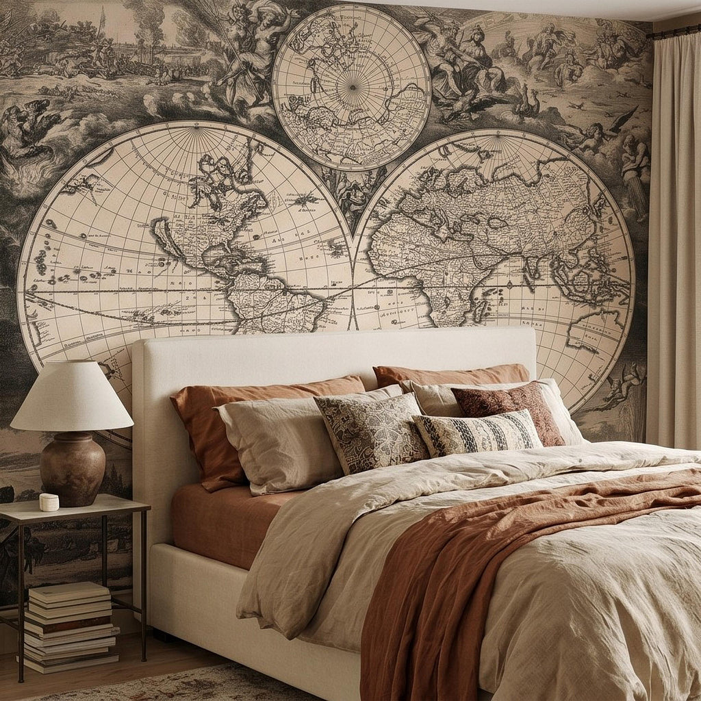 Antique World Map Peel and Stick Wall Mural, 17th Century Nautical Engraving, Vintage Renaissance Parchment Wallpaper