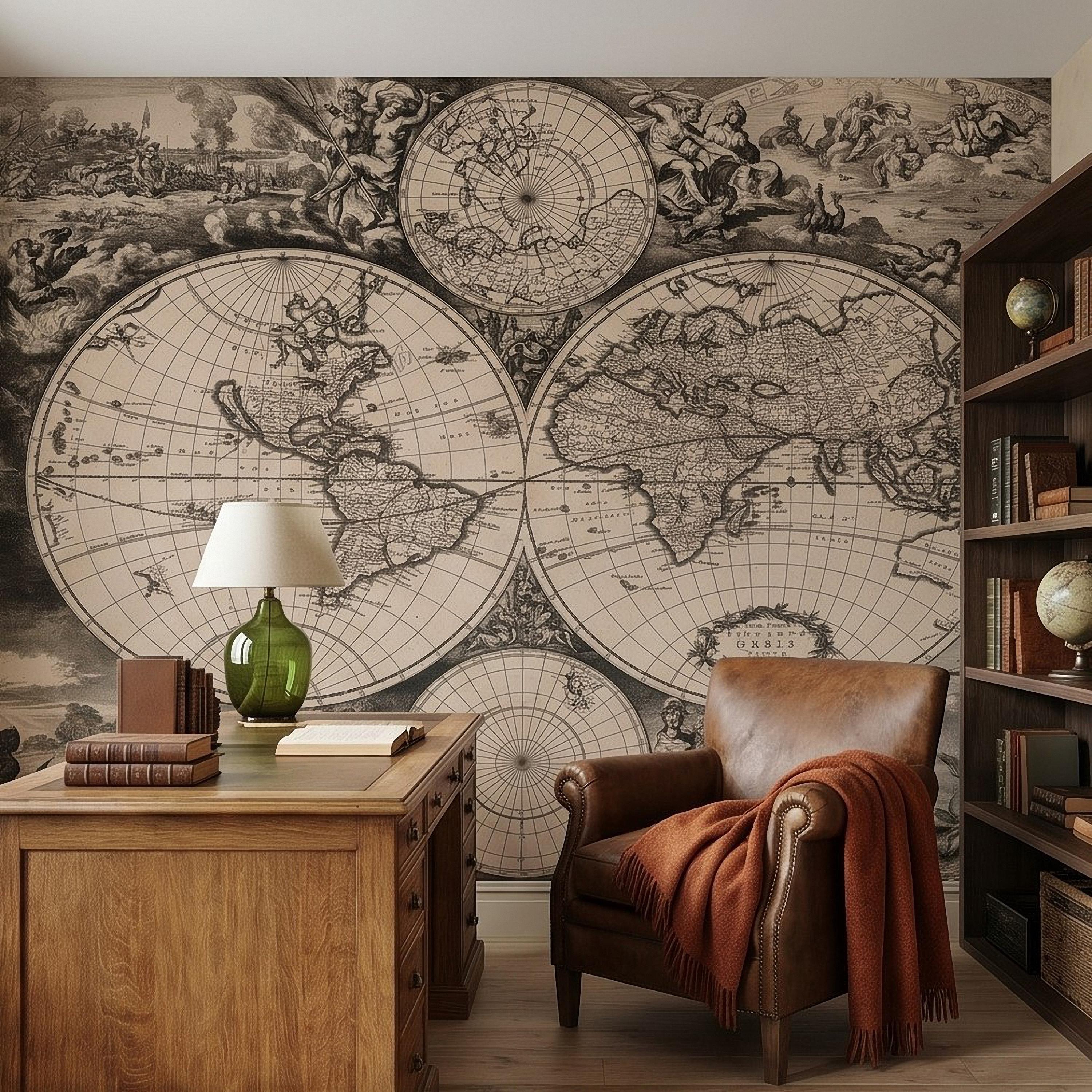 Antique World Map Peel and Stick Wall Mural, 17th Century Nautical Engraving, Vintage Renaissance Parchment Wallpaper
