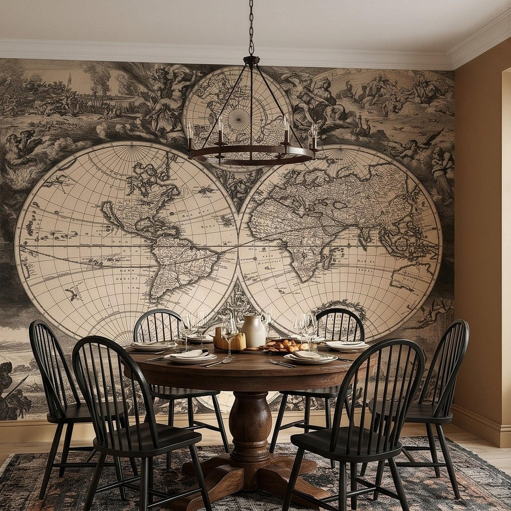 Antique World Map Peel and Stick Wall Mural, 17th Century Nautical Engraving, Vintage Renaissance Parchment Wallpaper
