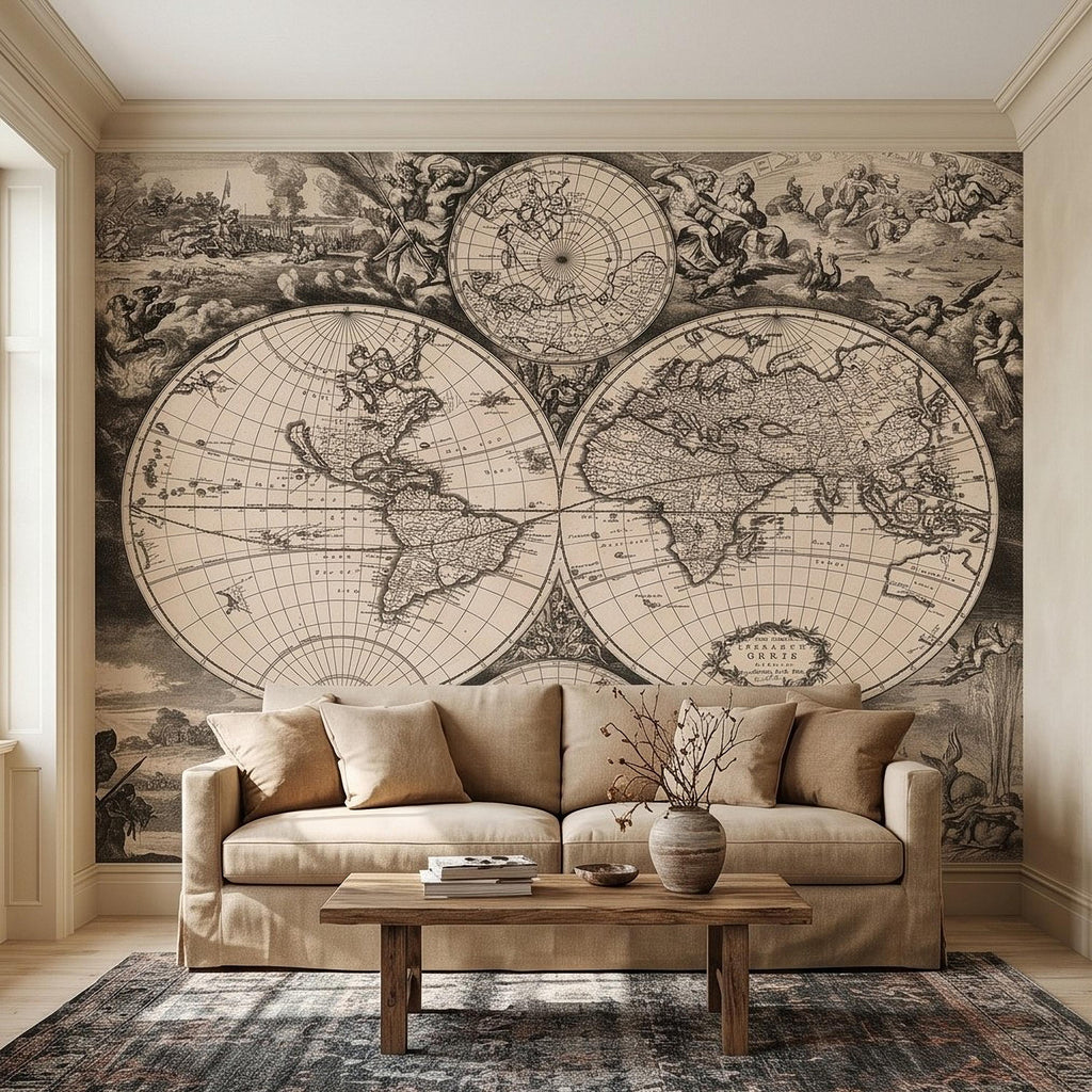 Antique World Map Peel and Stick Wall Mural, 17th Century Nautical Engraving, Vintage Renaissance Parchment Wallpaper