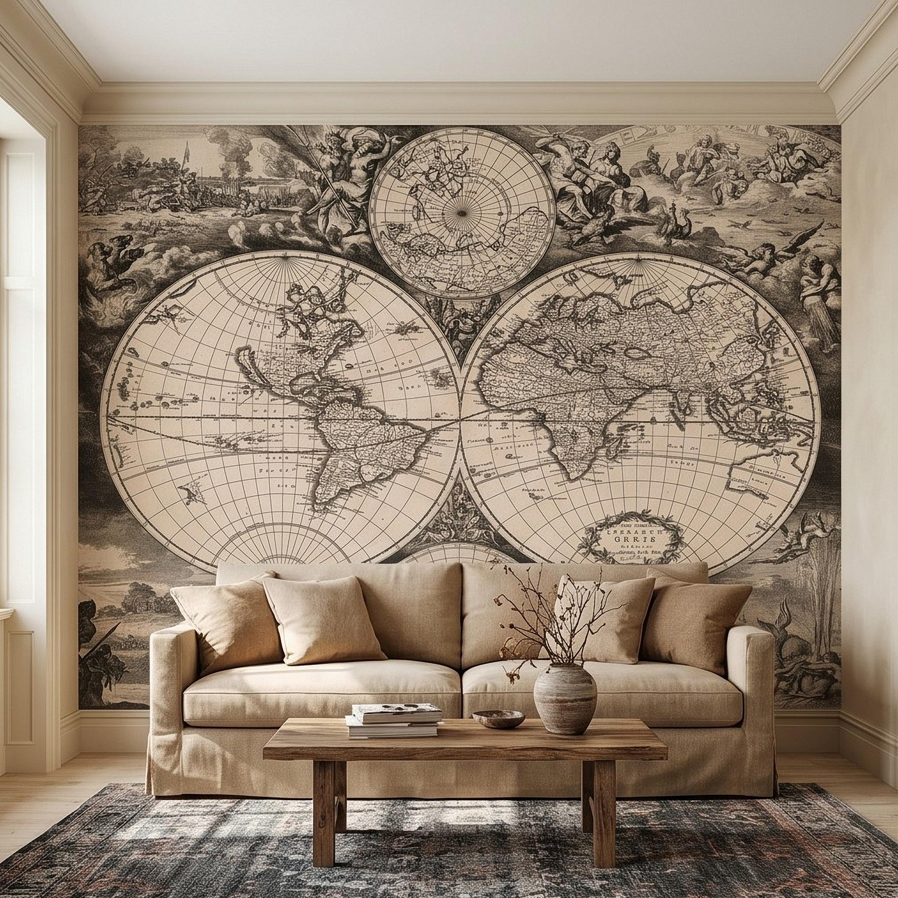 Antique World Map Peel and Stick Wall Mural, 17th Century Nautical Engraving, Vintage Renaissance Parchment Wallpaper