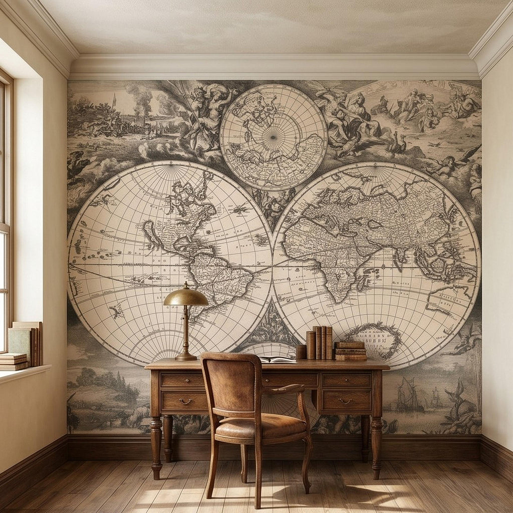 Antique World Map Peel and Stick Wall Mural, 17th Century Nautical Engraving, Vintage Renaissance Parchment Wallpaper