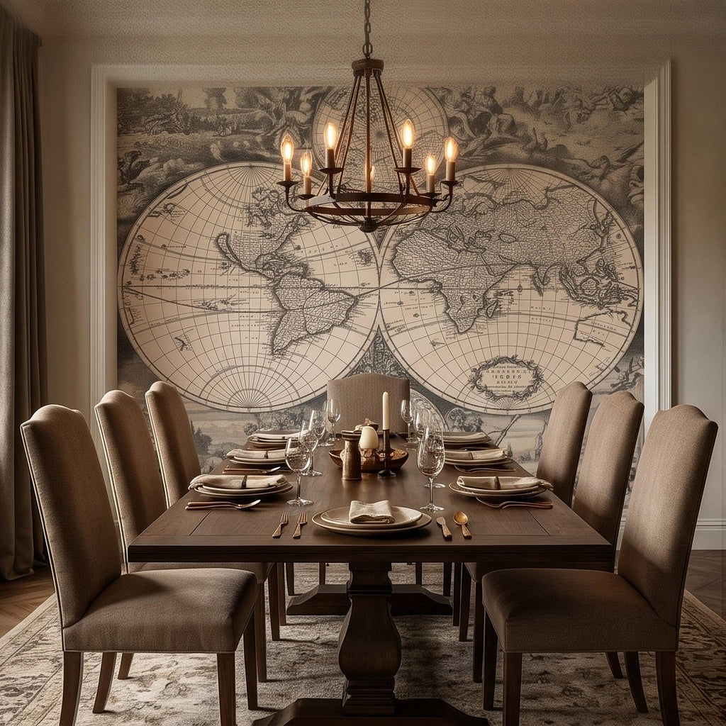 Antique World Map Peel and Stick Wall Mural, 17th Century Nautical Engraving, Vintage Renaissance Parchment Wallpaper