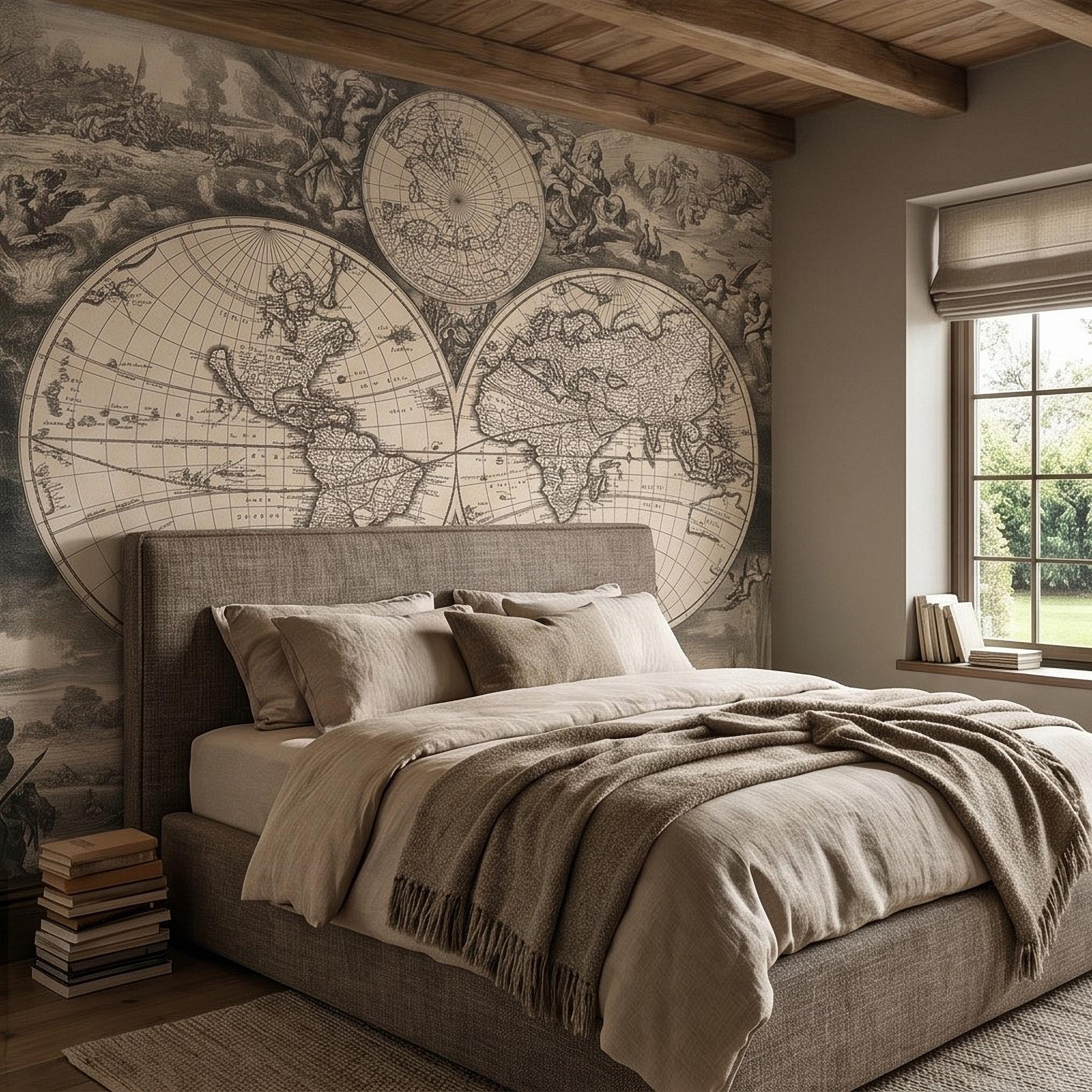 Antique World Map Peel and Stick Wall Mural, 17th Century Nautical Engraving, Vintage Renaissance Parchment Wallpaper