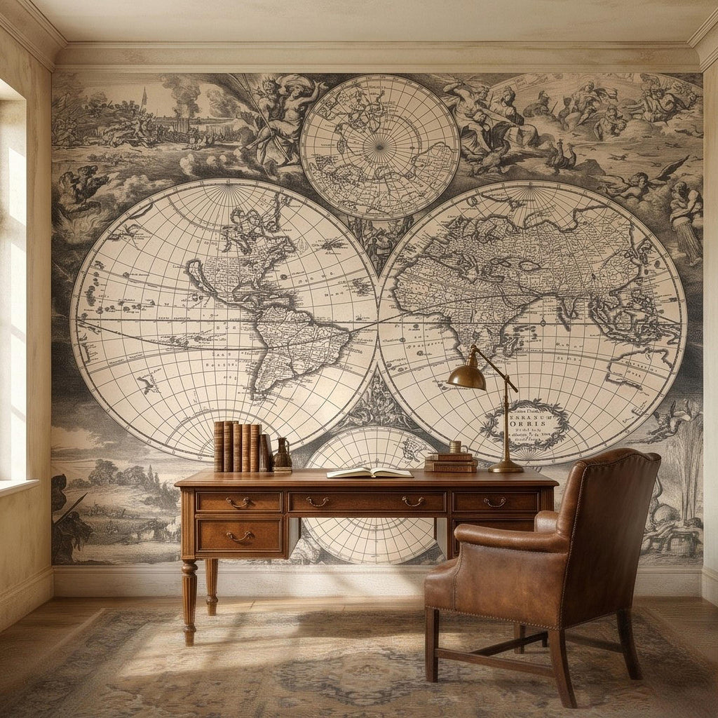 Antique World Map Peel and Stick Wall Mural, 17th Century Nautical Engraving, Vintage Renaissance Parchment Wallpaper