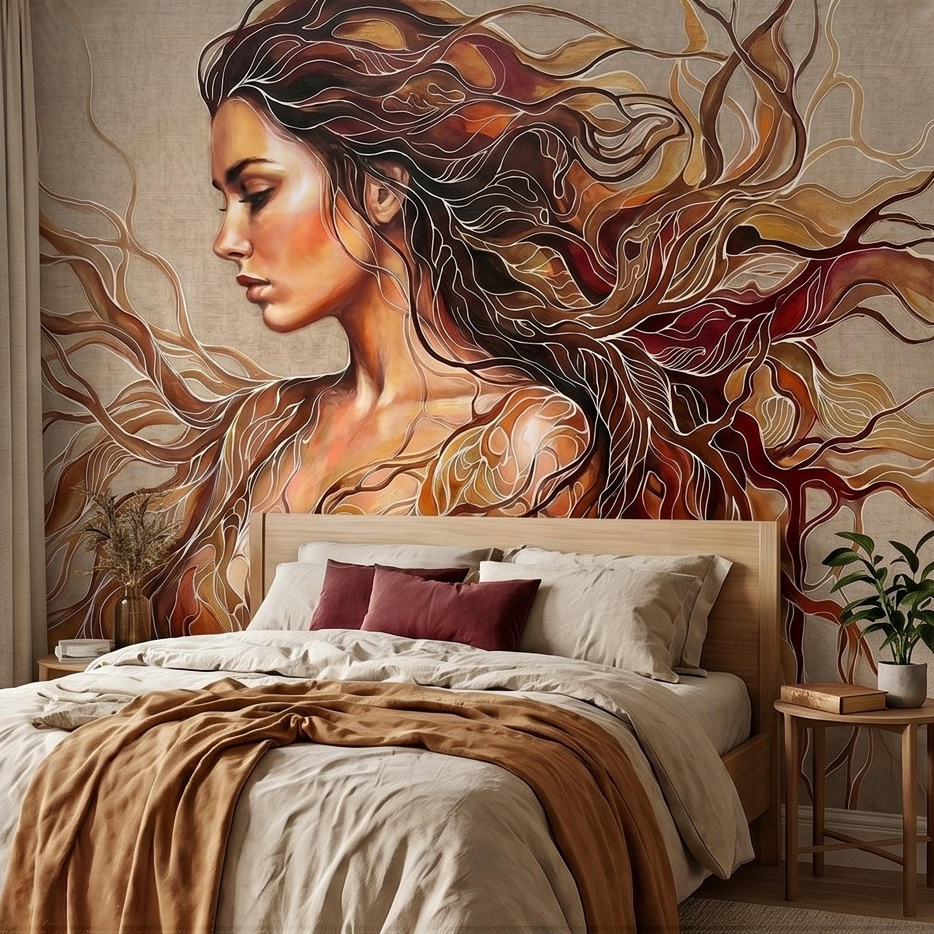 Art Nouveau Woman Peel and Stick Wall Mural, Abstract Female Portrait with Flowing Hair, Boho Earth Tone Line Art Wallpaper