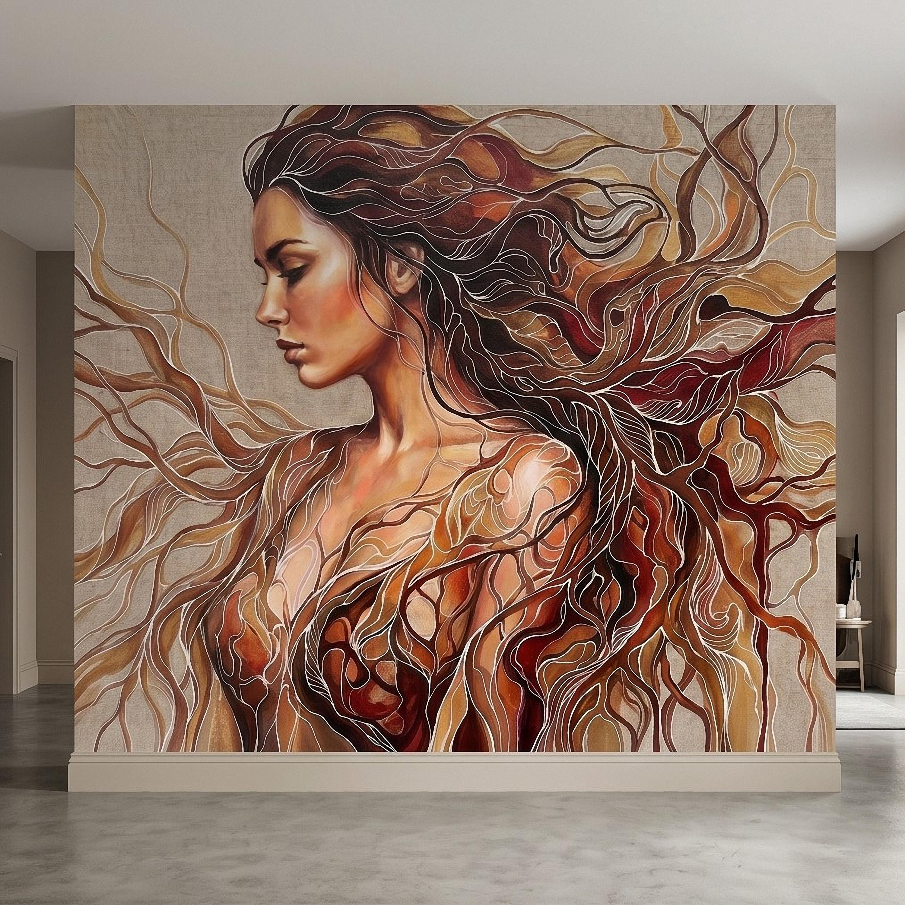 Art Nouveau Woman Peel and Stick Wall Mural, Abstract Female Portrait with Flowing Hair, Boho Earth Tone Line Art Wallpaper