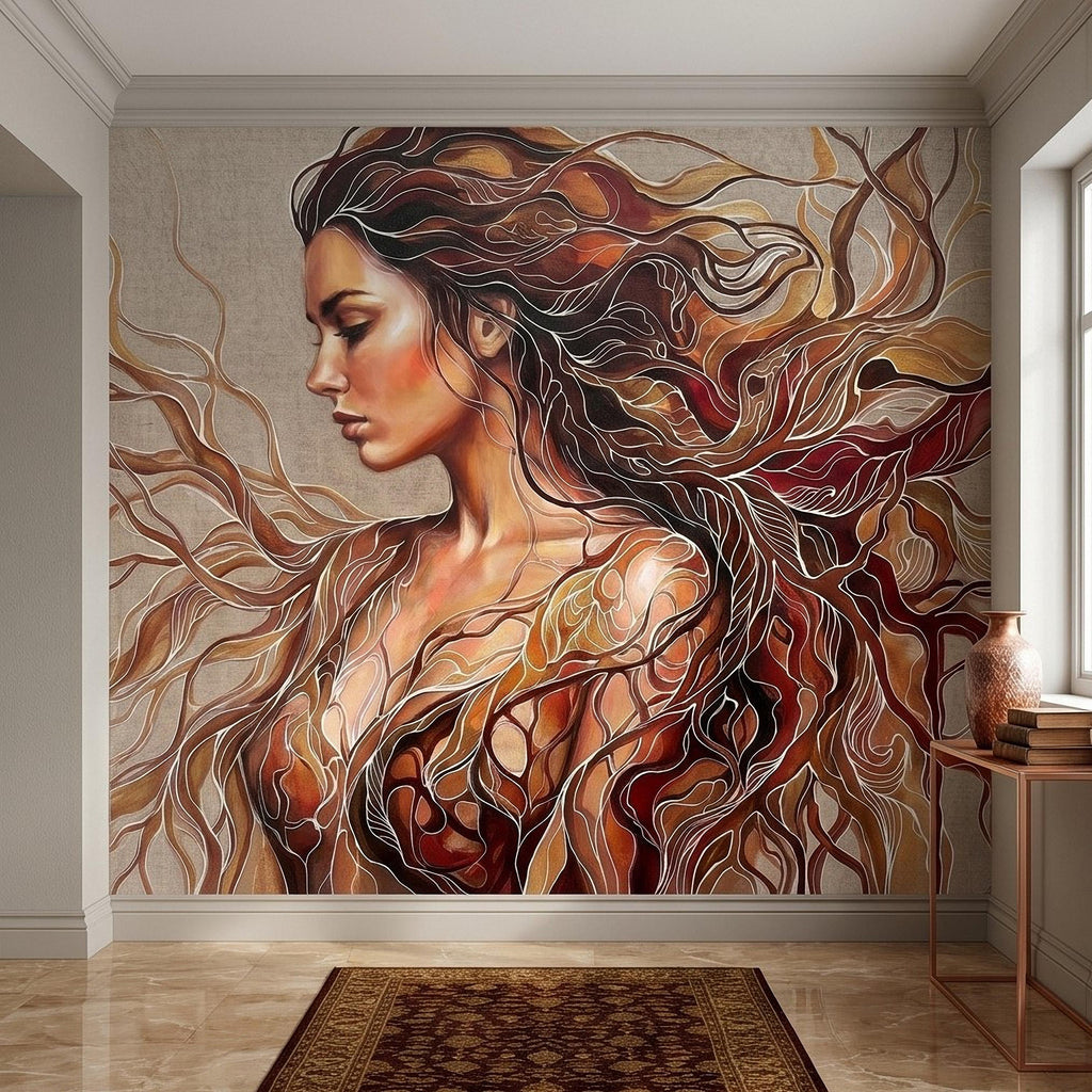 Art Nouveau Woman Peel and Stick Wall Mural, Abstract Female Portrait with Flowing Hair, Boho Earth Tone Line Art Wallpaper