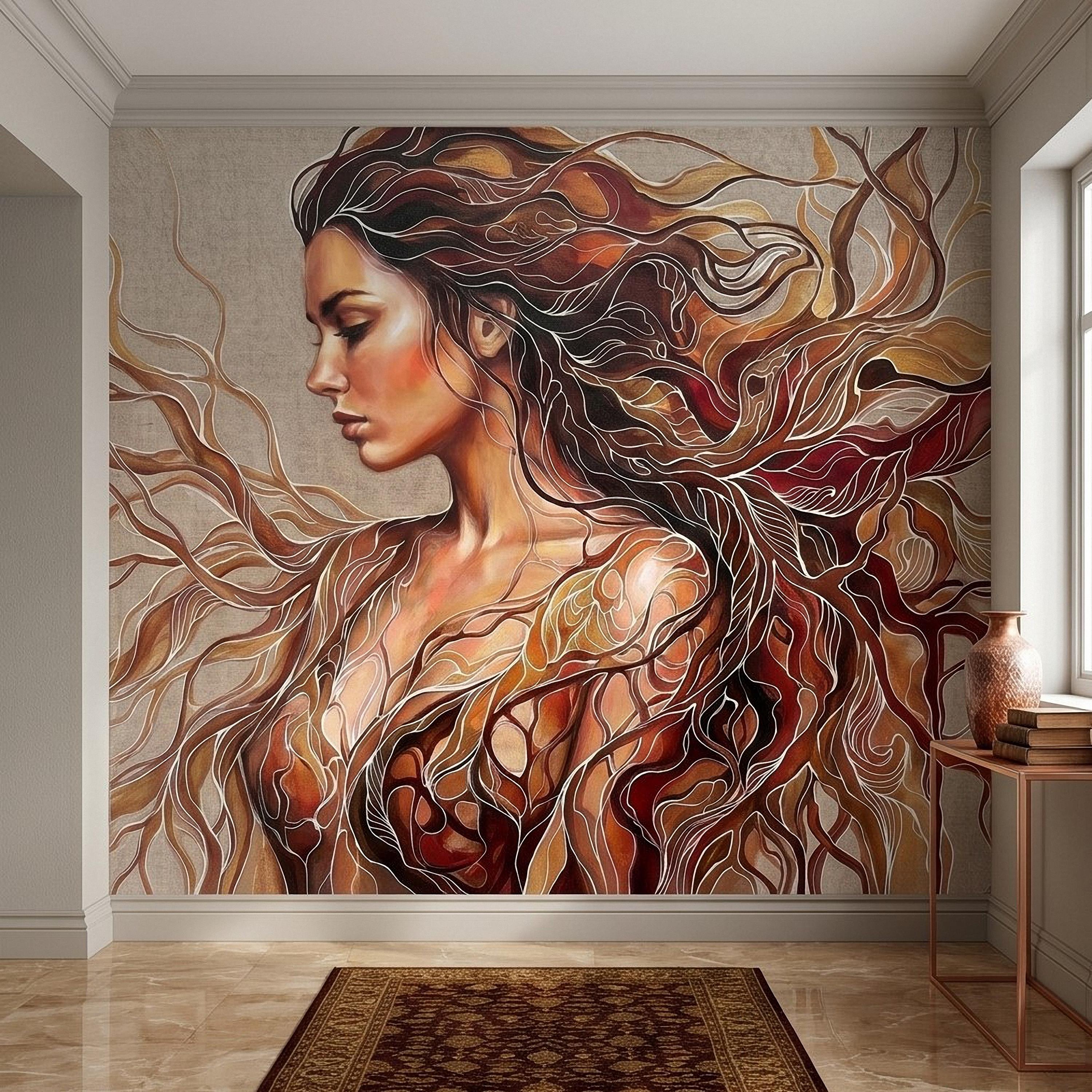 Art Nouveau Woman Peel and Stick Wall Mural, Abstract Female Portrait with Flowing Hair, Boho Earth Tone Line Art Wallpaper