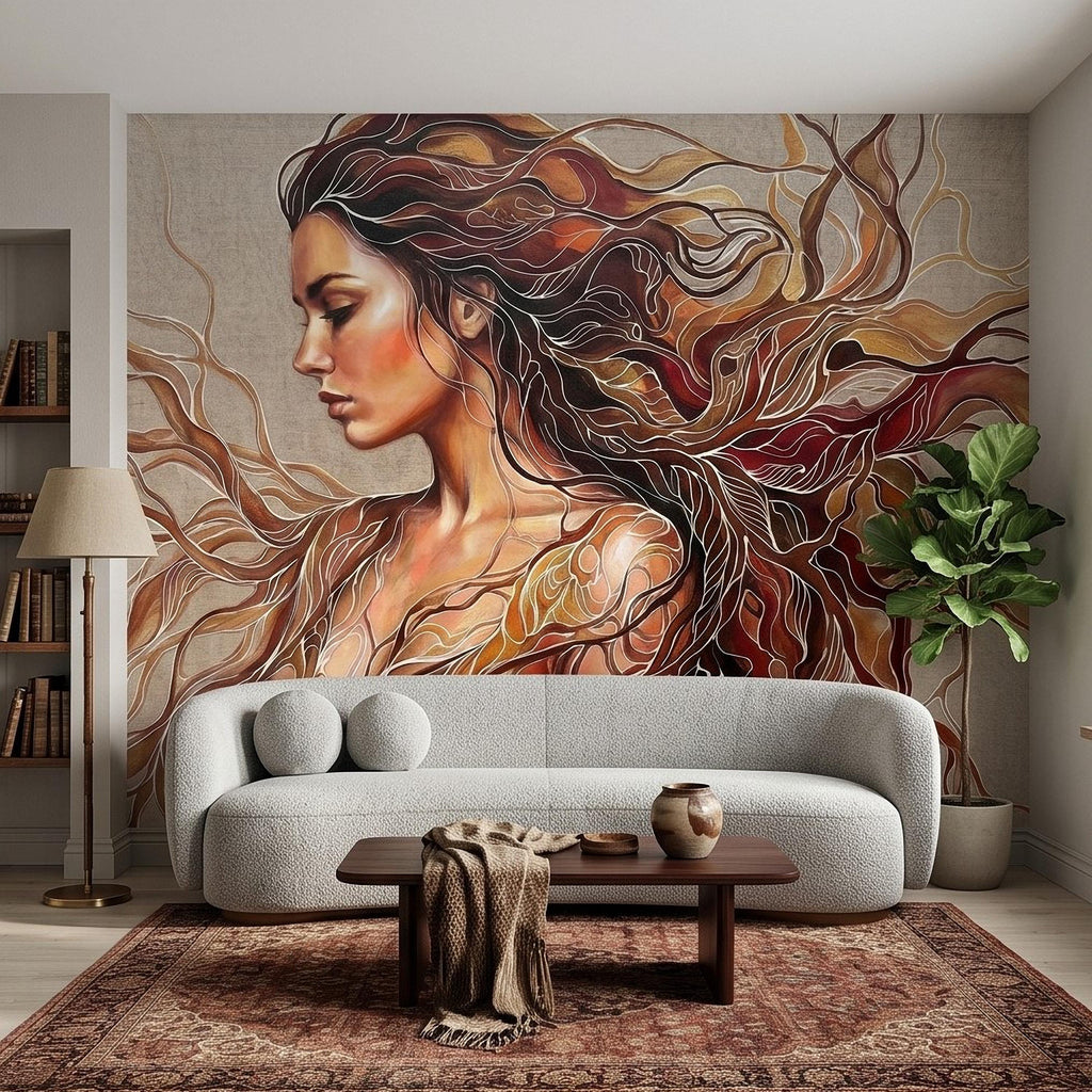 Art Nouveau Woman Peel and Stick Wall Mural, Abstract Female Portrait with Flowing Hair, Boho Earth Tone Line Art Wallpaper