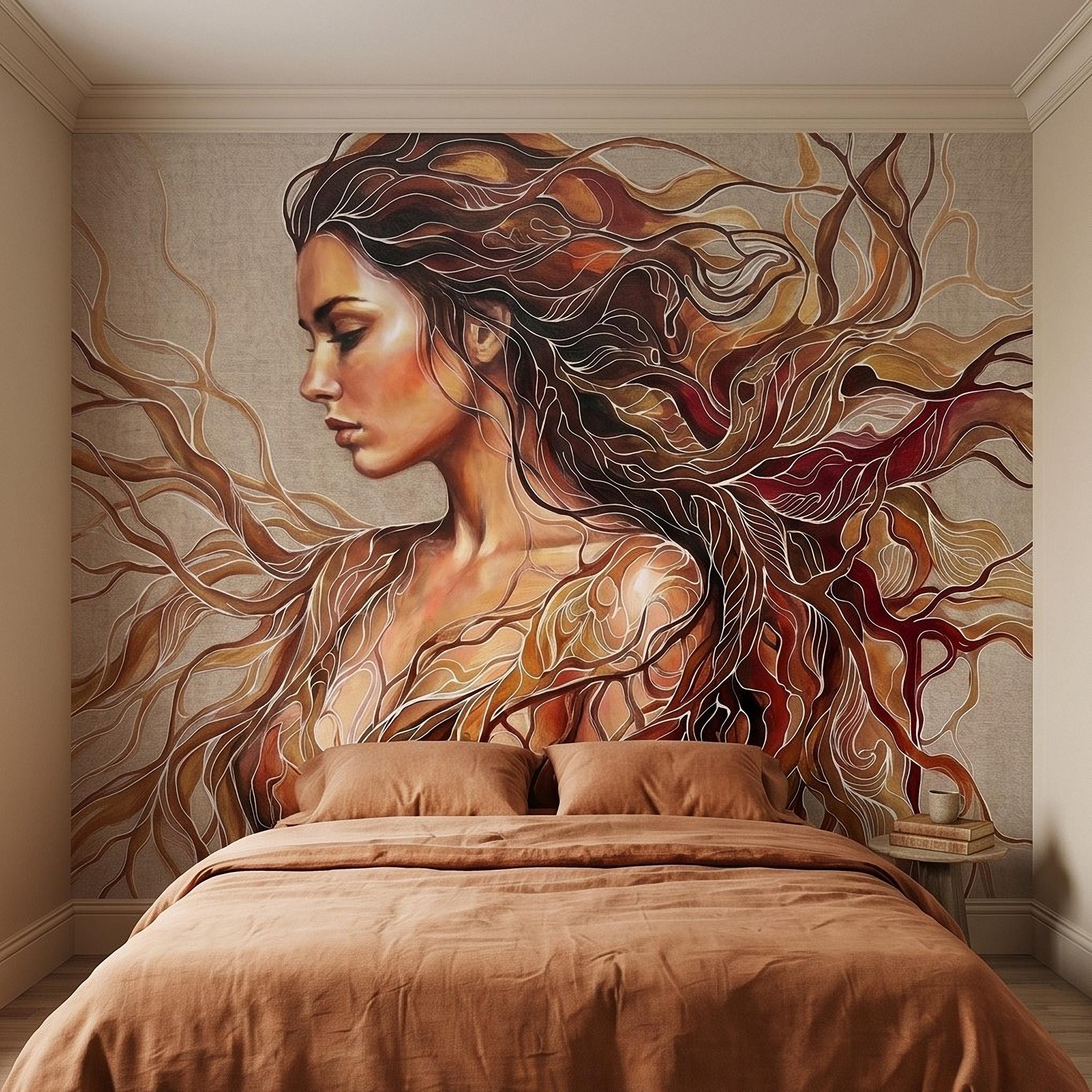 Art Nouveau Woman Peel and Stick Wall Mural, Abstract Female Portrait with Flowing Hair, Boho Earth Tone Line Art Wallpaper