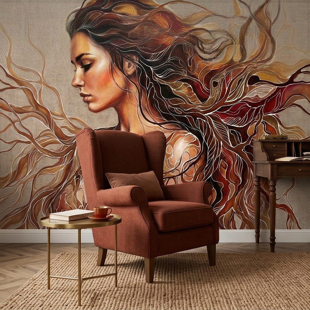 Art Nouveau Woman Peel and Stick Wall Mural, Abstract Female Portrait with Flowing Hair, Boho Earth Tone Line Art Wallpaper