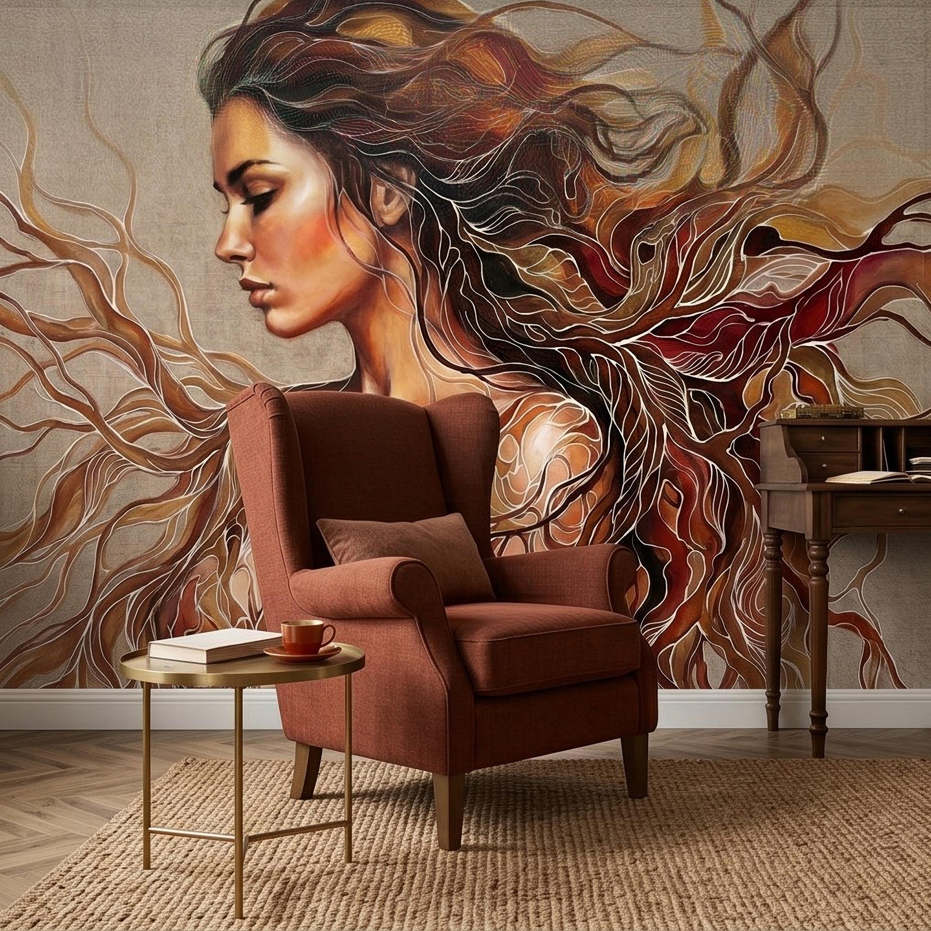 Art Nouveau Woman Peel and Stick Wall Mural, Abstract Female Portrait with Flowing Hair, Boho Earth Tone Line Art Wallpaper