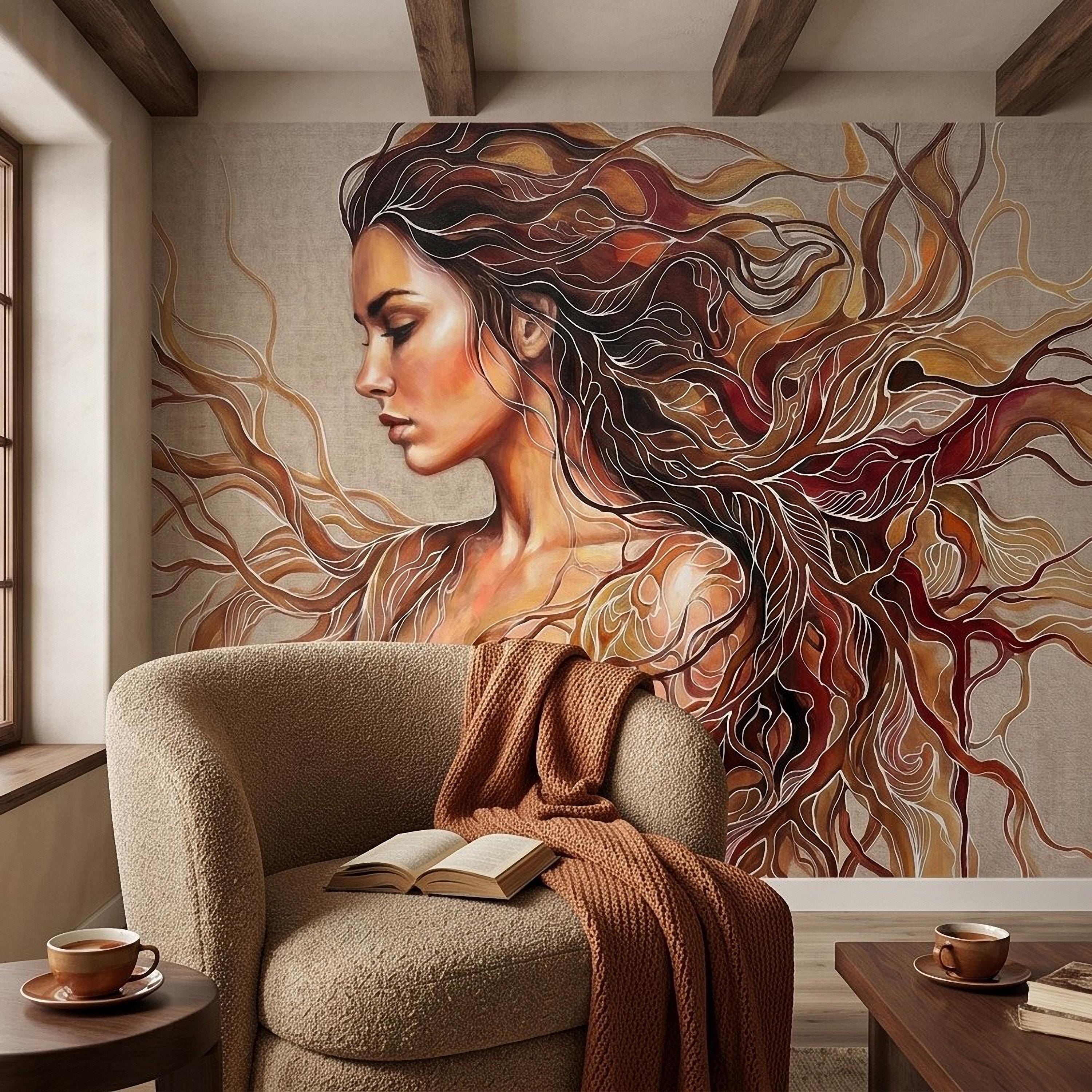 Art Nouveau Woman Peel and Stick Wall Mural, Abstract Female Portrait with Flowing Hair, Boho Earth Tone Line Art Wallpaper