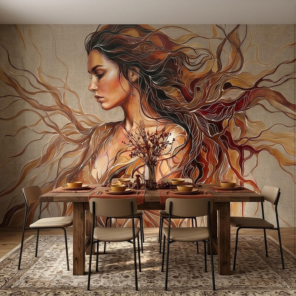Art Nouveau Woman Peel and Stick Wall Mural, Abstract Female Portrait with Flowing Hair, Boho Earth Tone Line Art Wallpaper