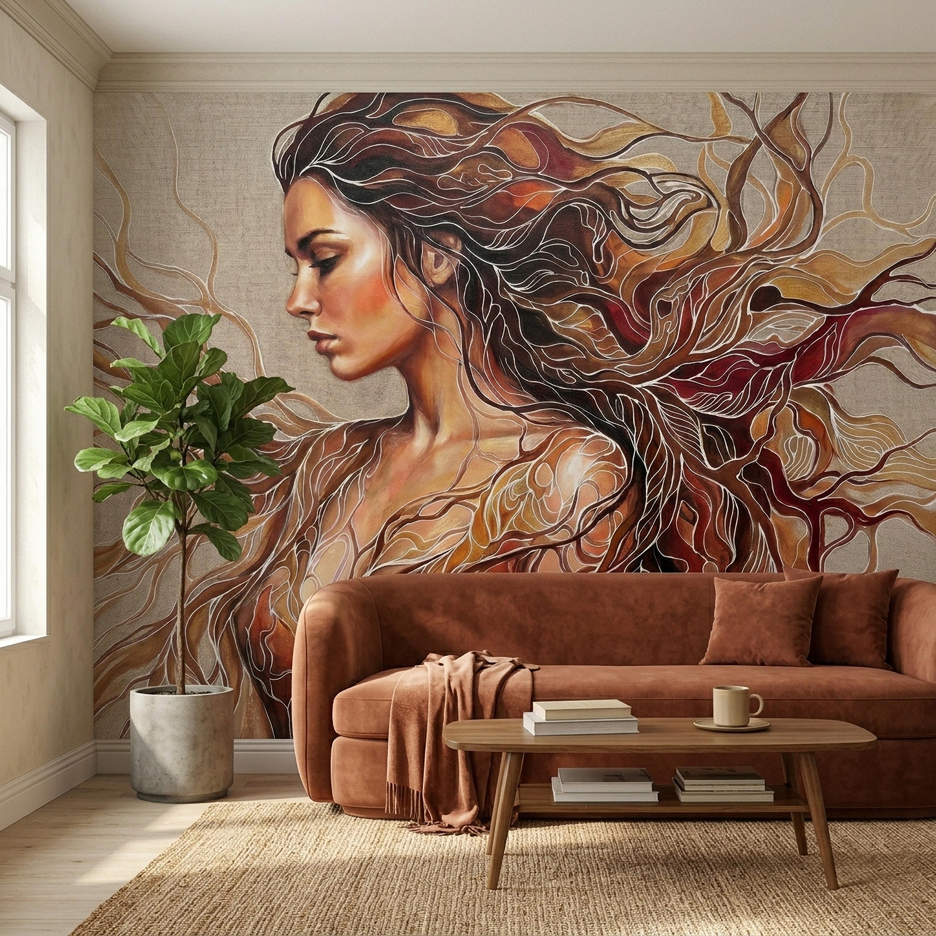 Art Nouveau Woman Peel and Stick Wall Mural, Abstract Female Portrait with Flowing Hair, Boho Earth Tone Line Art Wallpaper