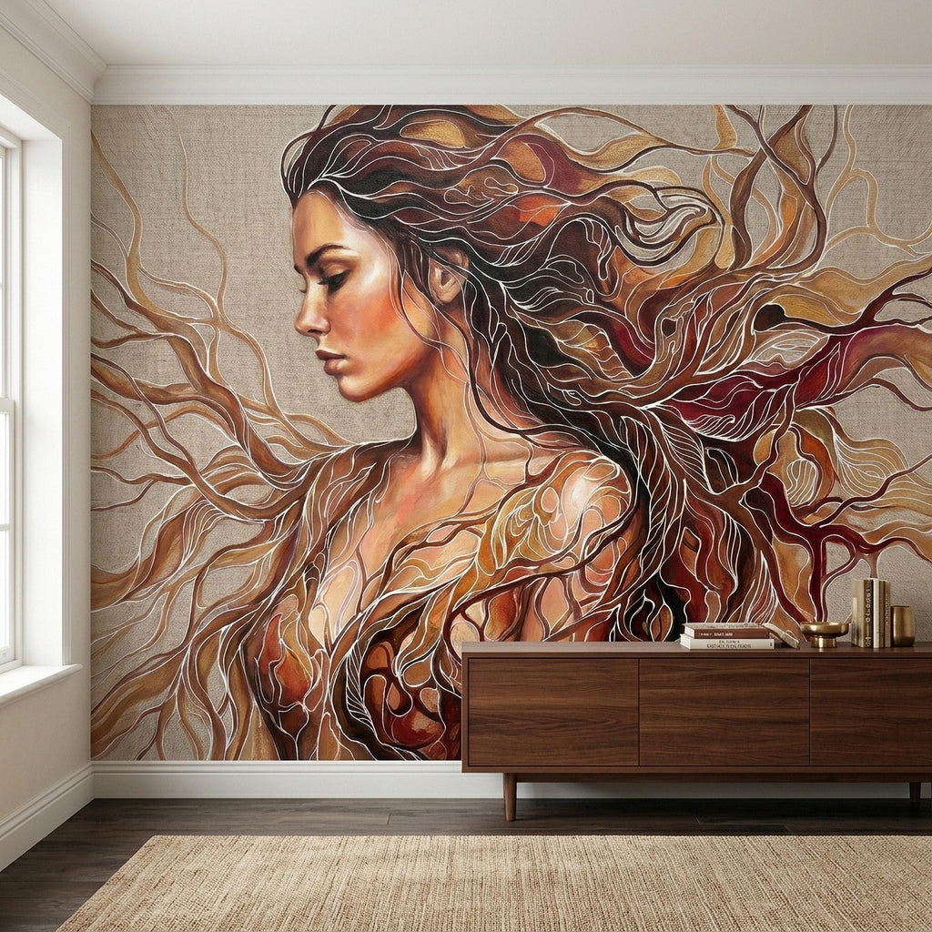 Art Nouveau Woman Peel and Stick Wall Mural, Abstract Female Portrait with Flowing Hair, Boho Earth Tone Line Art Wallpaper
