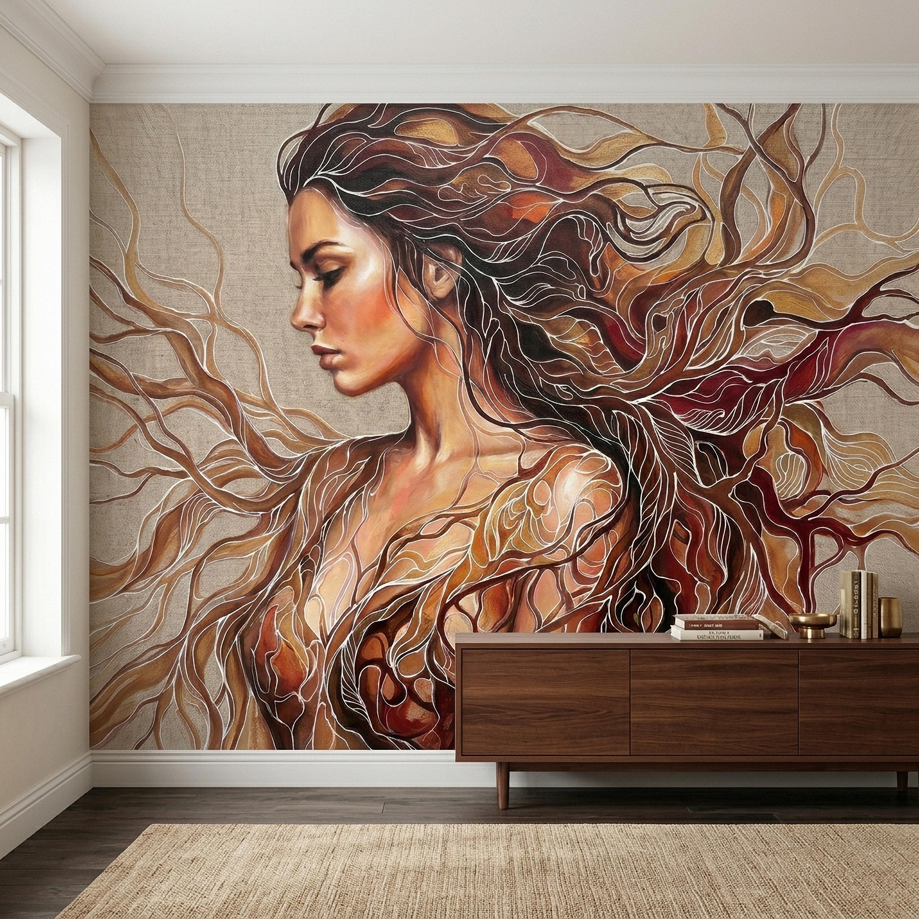 Art Nouveau Woman Peel and Stick Wall Mural, Abstract Female Portrait with Flowing Hair, Boho Earth Tone Line Art Wallpaper