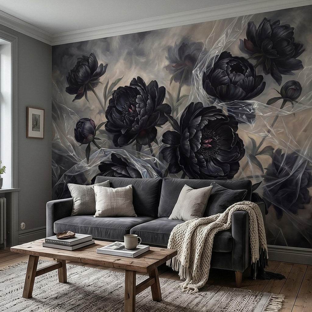 Dark Peony Peel and Stick Wall Mural, Black Floral Oil Painting Moody Romantic Gothic Luxury Wallpaper