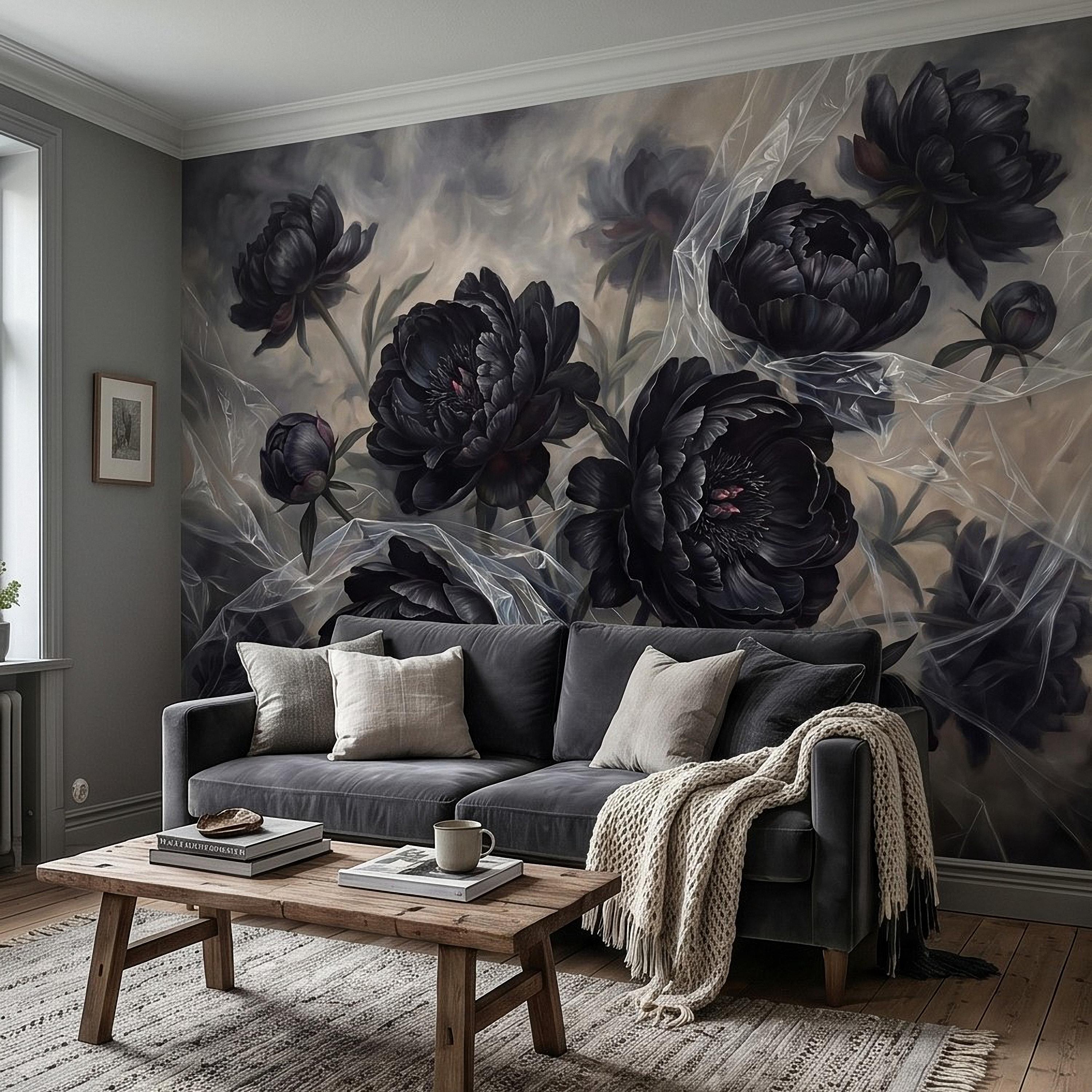 Dark Peony Peel and Stick Wall Mural, Black Floral Oil Painting Moody Romantic Gothic Luxury Wallpaper
