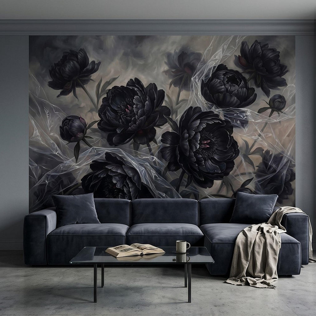 Dark Peony Peel and Stick Wall Mural, Black Floral Oil Painting Moody Romantic Gothic Luxury Wallpaper
