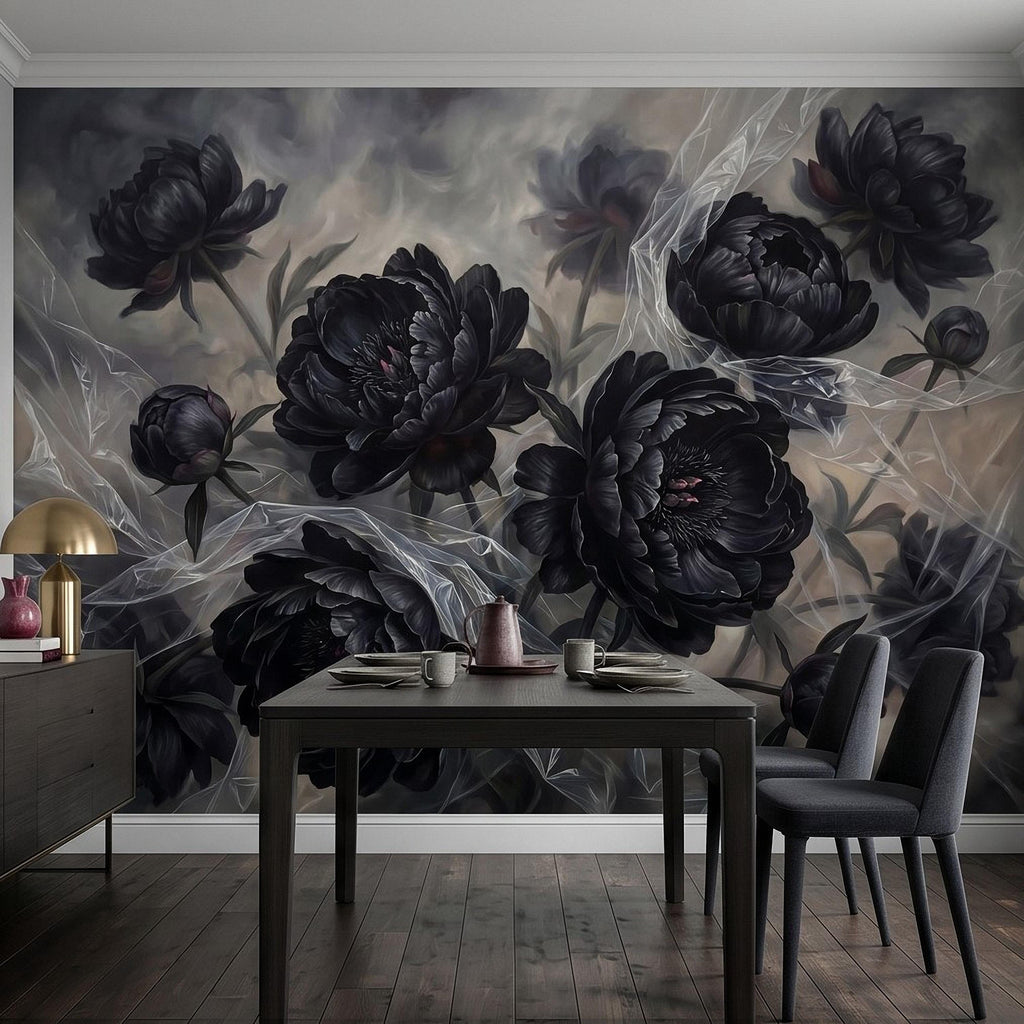 Dark Peony Peel and Stick Wall Mural, Black Floral Oil Painting Moody Romantic Gothic Luxury Wallpaper