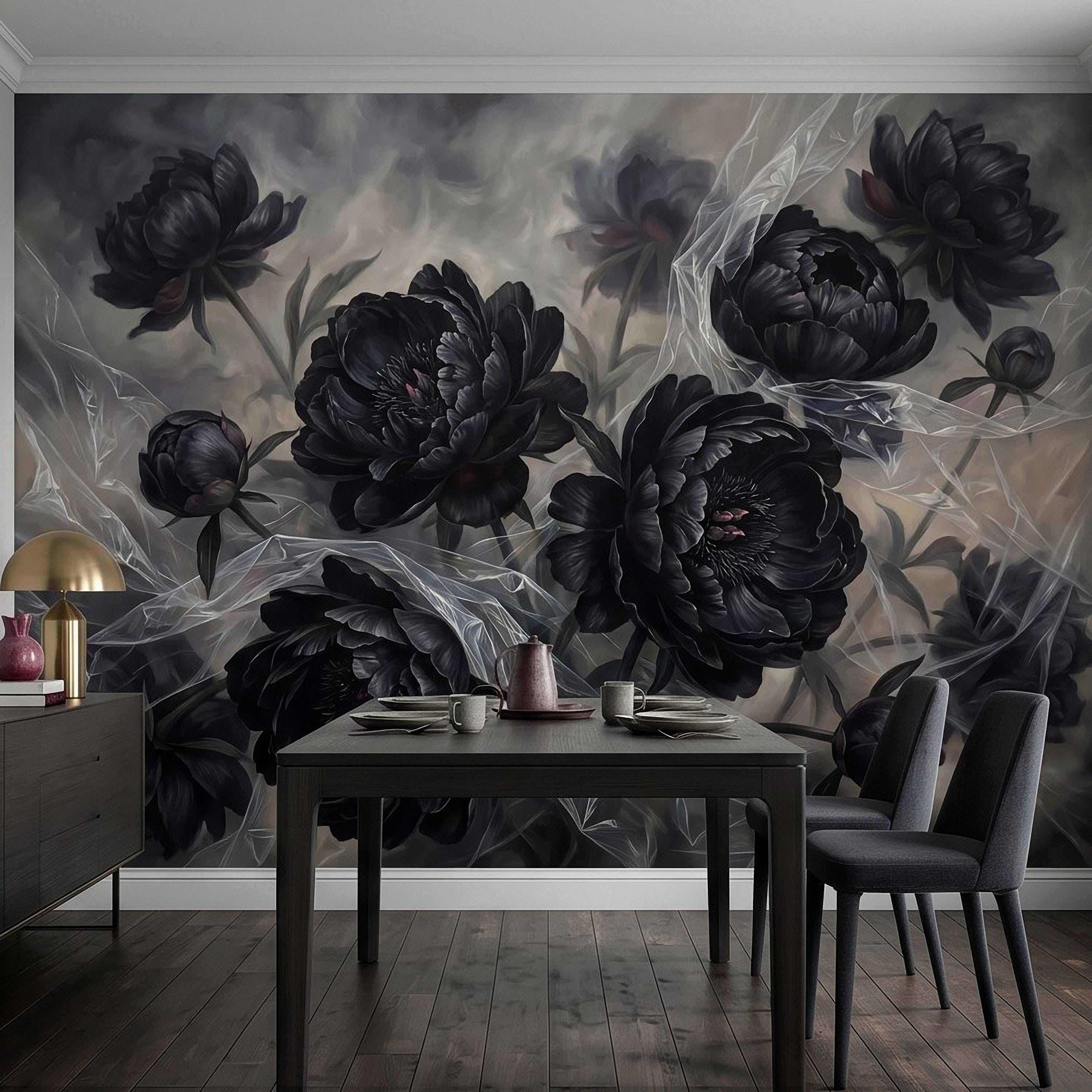 Dark Peony Peel and Stick Wall Mural, Black Floral Oil Painting Moody Romantic Gothic Luxury Wallpaper