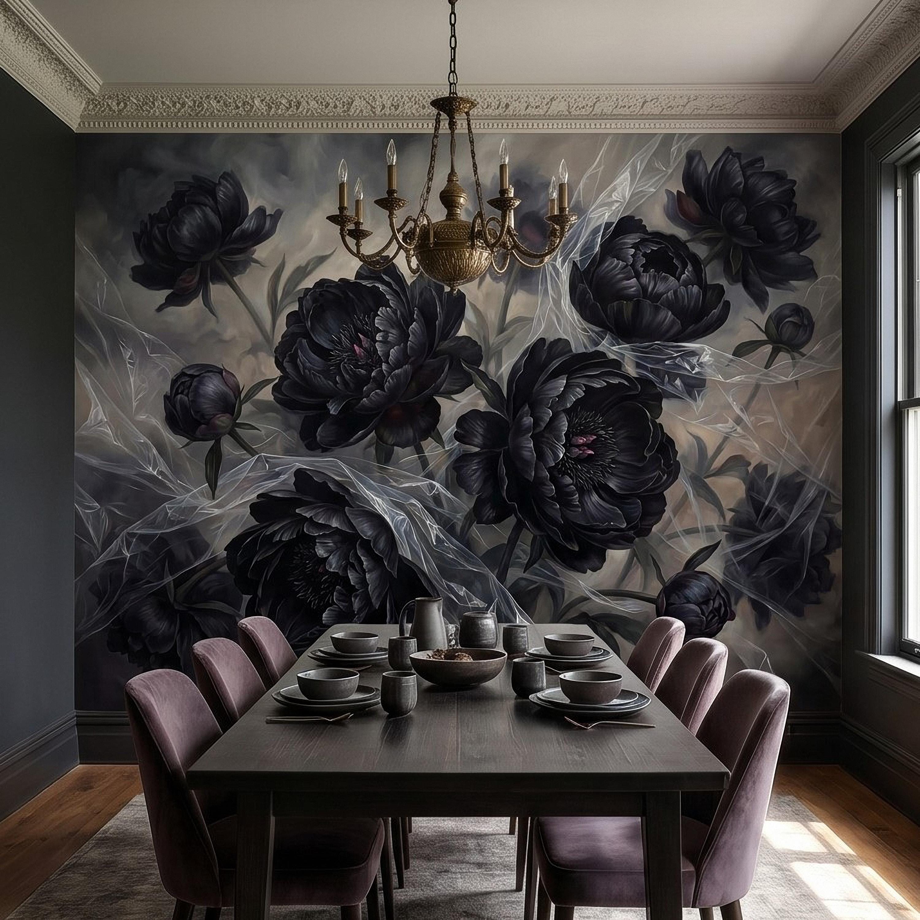 Dark Peony Peel and Stick Wall Mural, Black Floral Oil Painting Moody Romantic Gothic Luxury Wallpaper