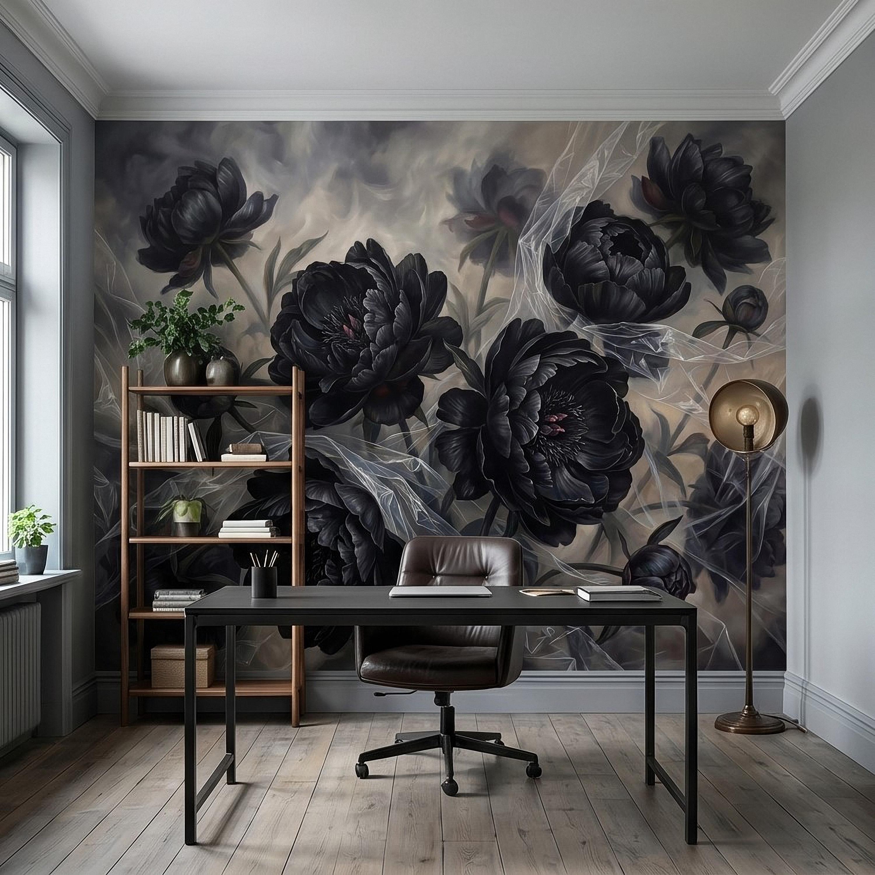 Dark Peony Peel and Stick Wall Mural, Black Floral Oil Painting Moody Romantic Gothic Luxury Wallpaper