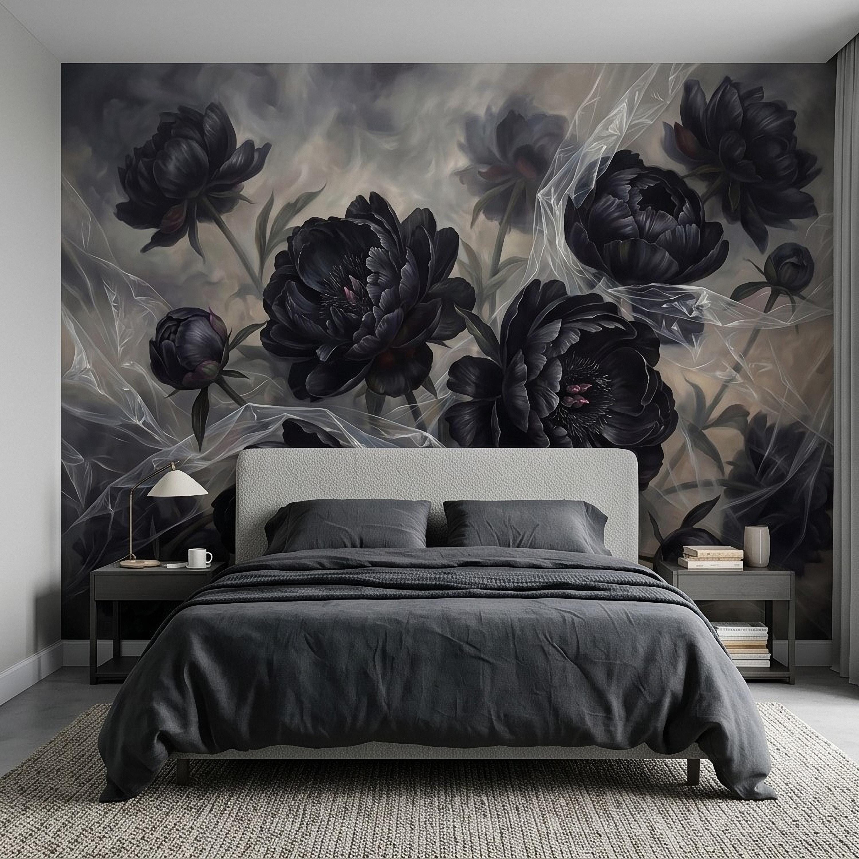 Dark Peony Peel and Stick Wall Mural, Black Floral Oil Painting Moody Romantic Gothic Luxury Wallpaper