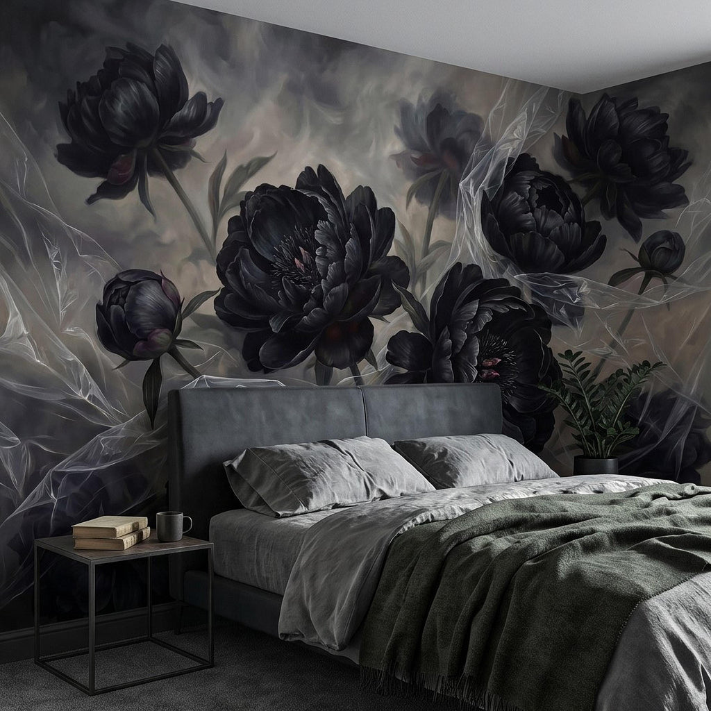 Dark Peony Peel and Stick Wall Mural, Black Floral Oil Painting Moody Romantic Gothic Luxury Wallpaper