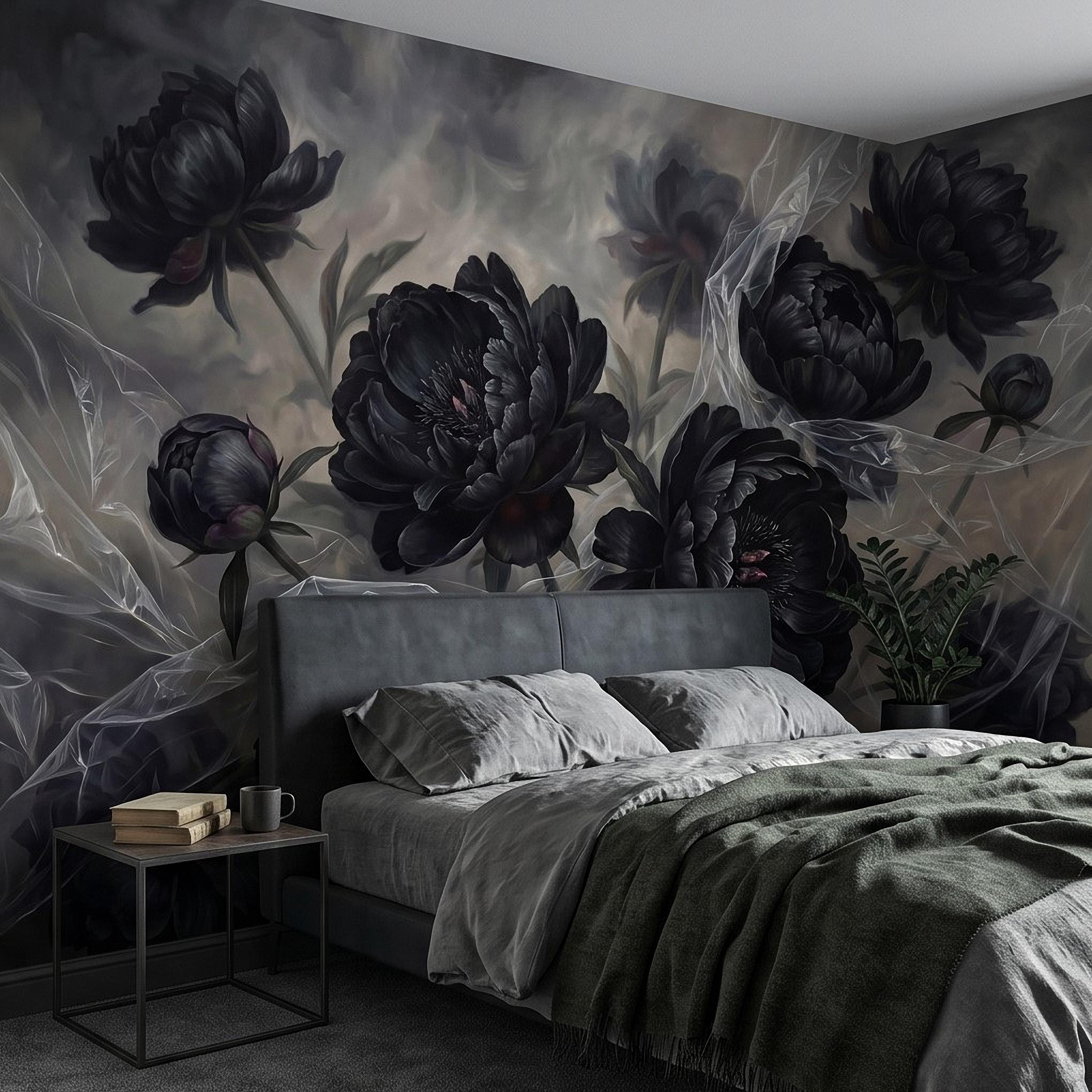 Dark Peony Peel and Stick Wall Mural, Black Floral Oil Painting Moody Romantic Gothic Luxury Wallpaper
