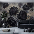 Dark Peony Peel and Stick Wall Mural, Black Floral Oil Painting Moody Romantic Gothic Luxury Wallpaper