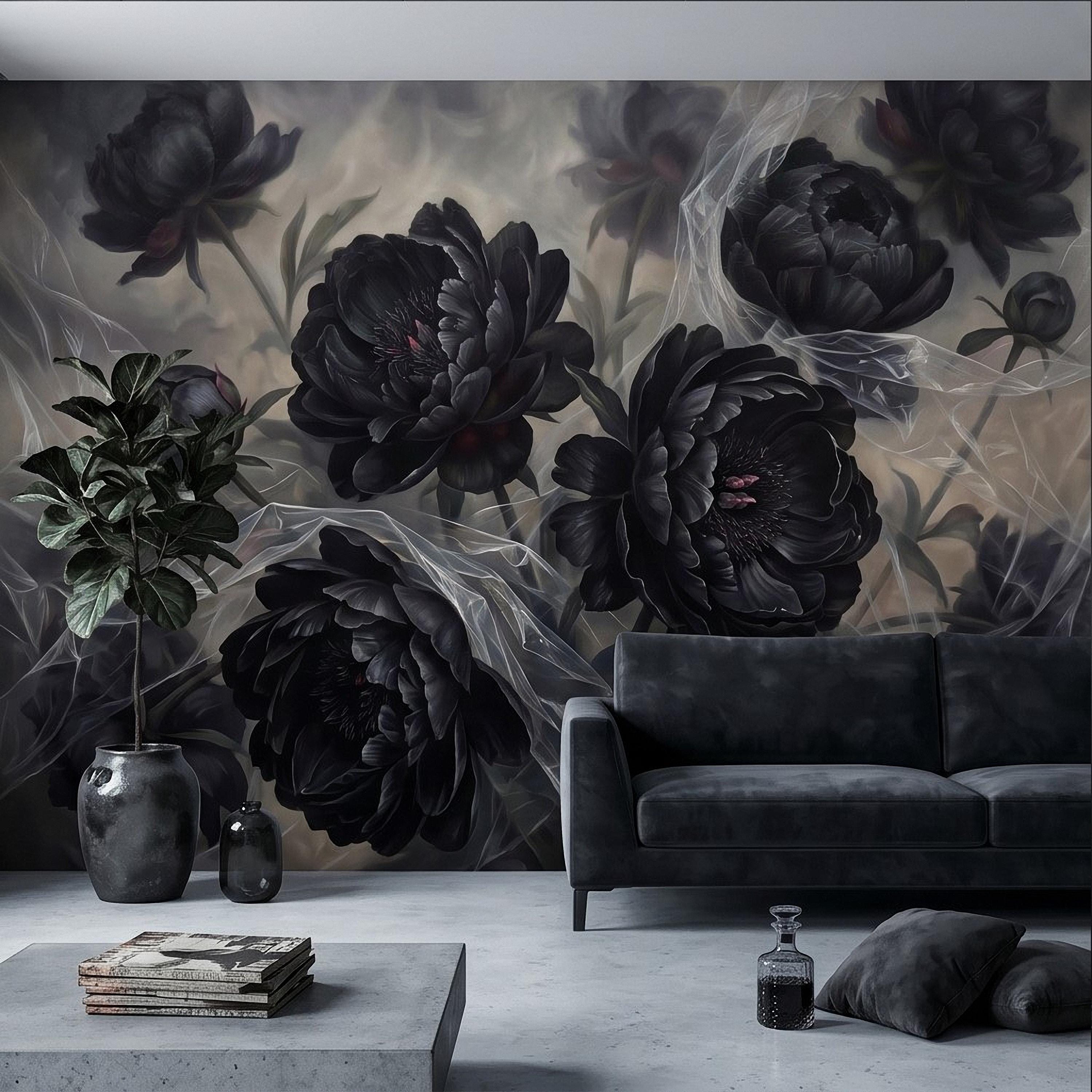 Dark Peony Peel and Stick Wall Mural, Black Floral Oil Painting Moody Romantic Gothic Luxury Wallpaper