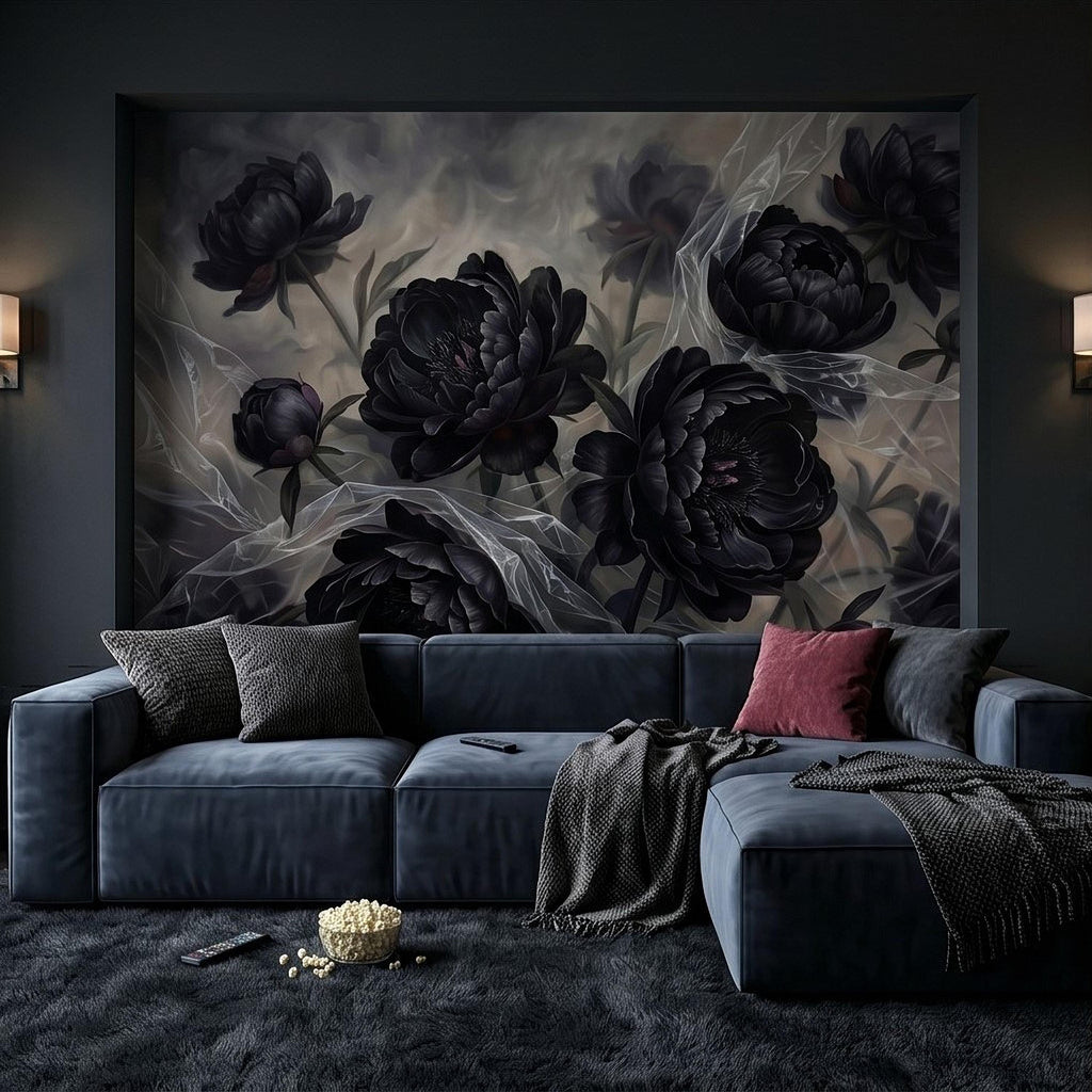 Dark Peony Peel and Stick Wall Mural, Black Floral Oil Painting Moody Romantic Gothic Luxury Wallpaper