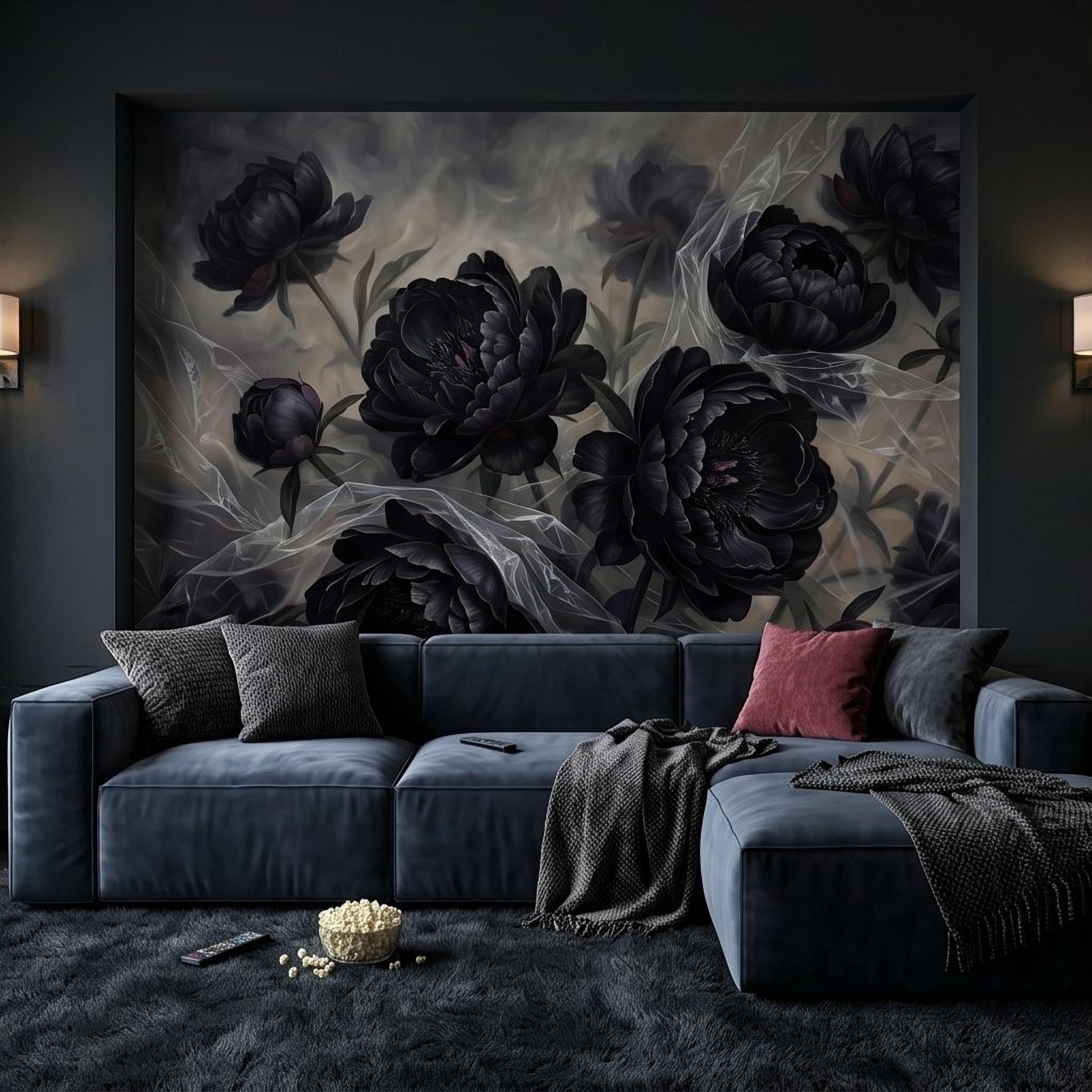 Dark Peony Peel and Stick Wall Mural, Black Floral Oil Painting Moody Romantic Gothic Luxury Wallpaper
