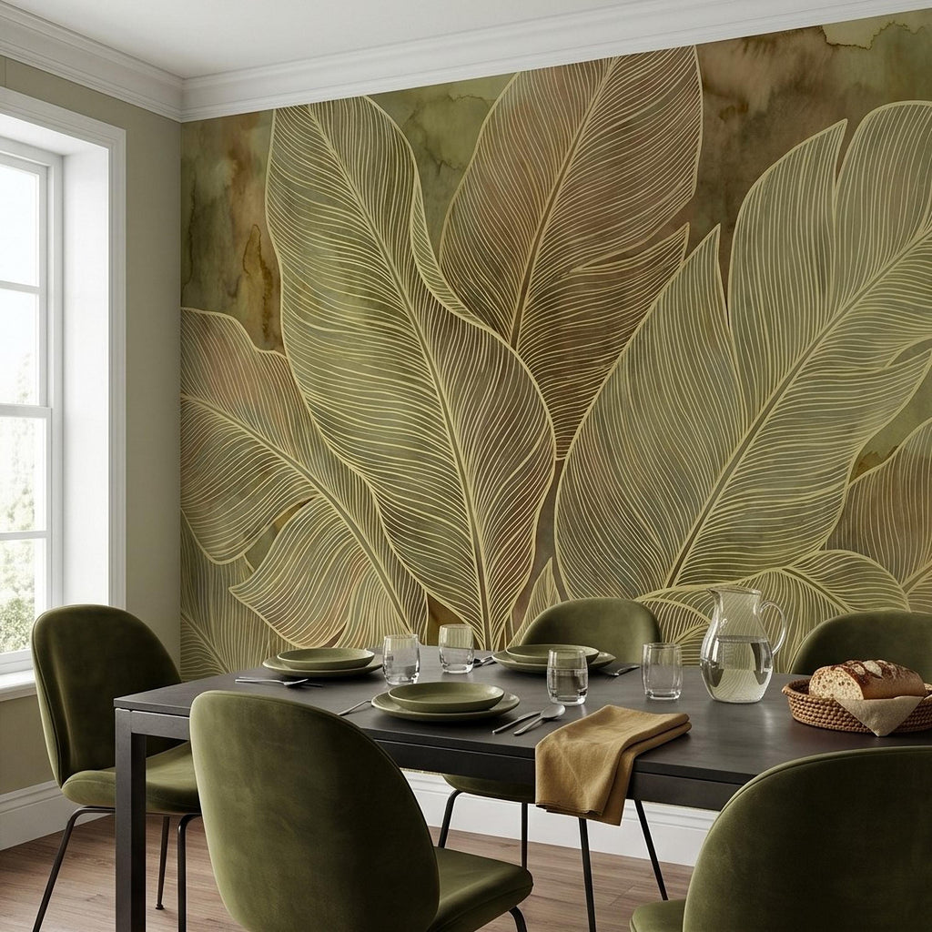 Tropical Leaf Peel and Stick Wall Mural, Neutral Botanical Line Art, Large Banana Leaves Earth Tone Modern Wallpaper
