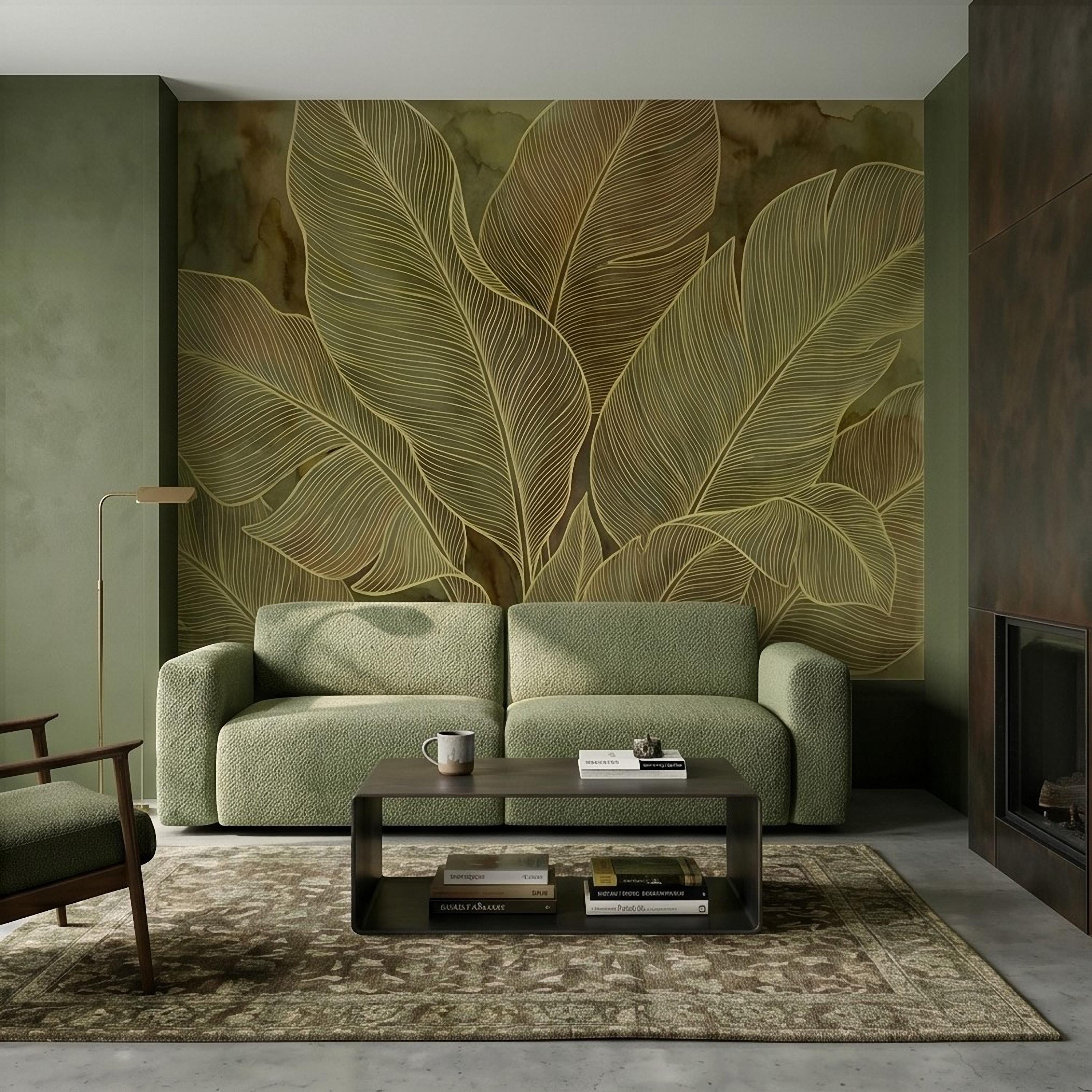 Tropical Leaf Peel and Stick Wall Mural, Neutral Botanical Line Art, Large Banana Leaves Earth Tone Modern Wallpaper