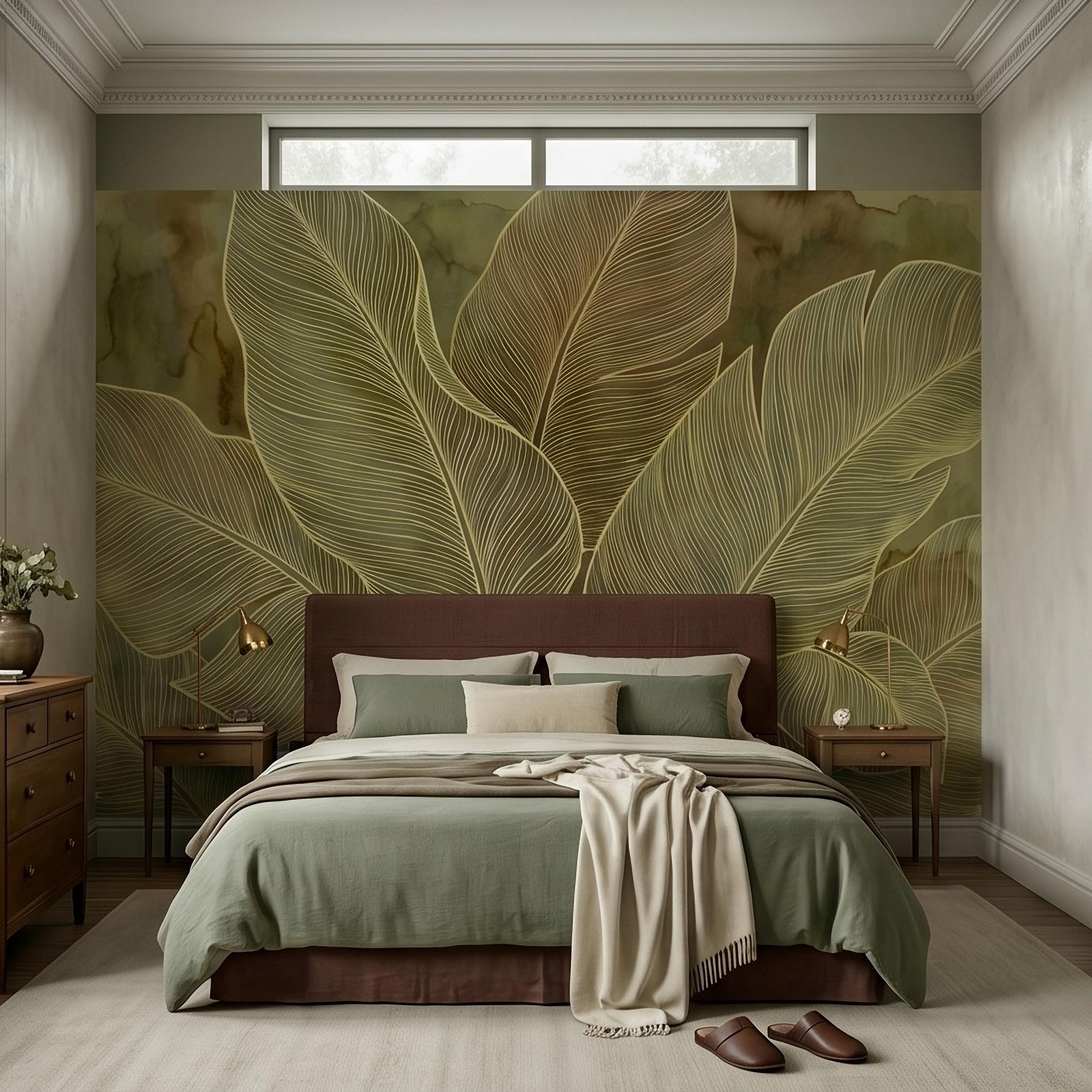 Tropical Leaf Peel and Stick Wall Mural, Neutral Botanical Line Art, Large Banana Leaves Earth Tone Modern Wallpaper