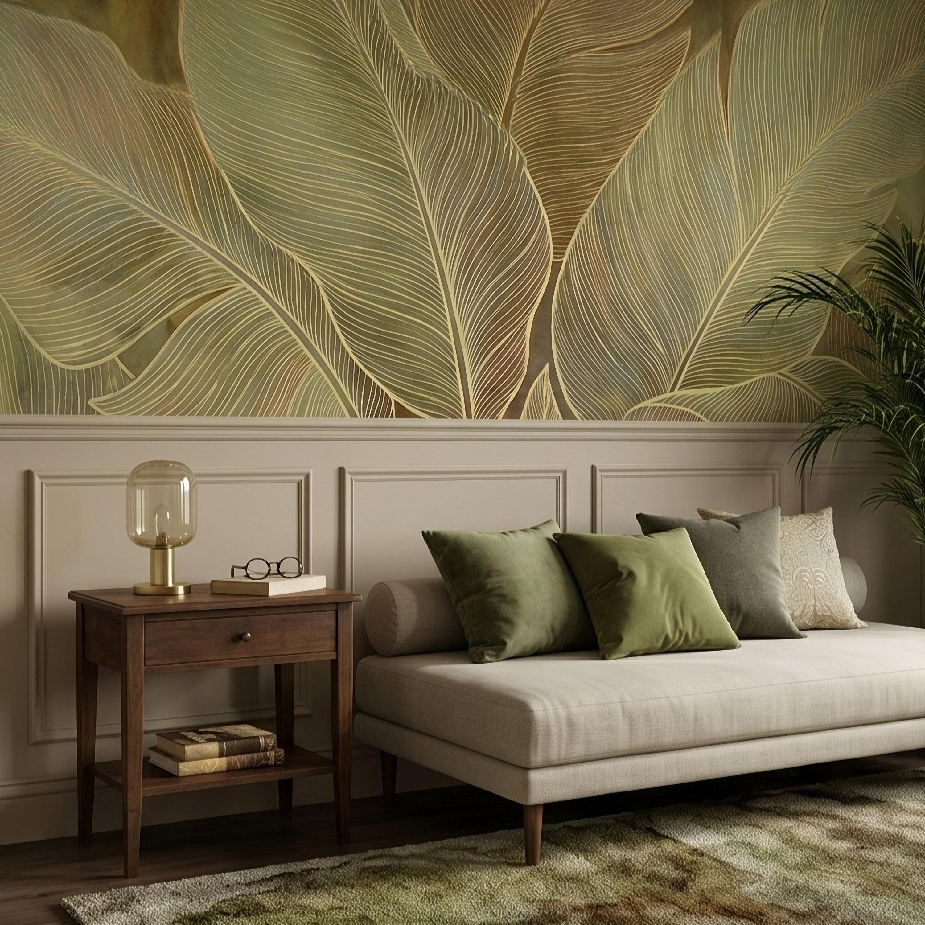 Tropical Leaf Peel and Stick Wall Mural, Neutral Botanical Line Art, Large Banana Leaves Earth Tone Modern Wallpaper