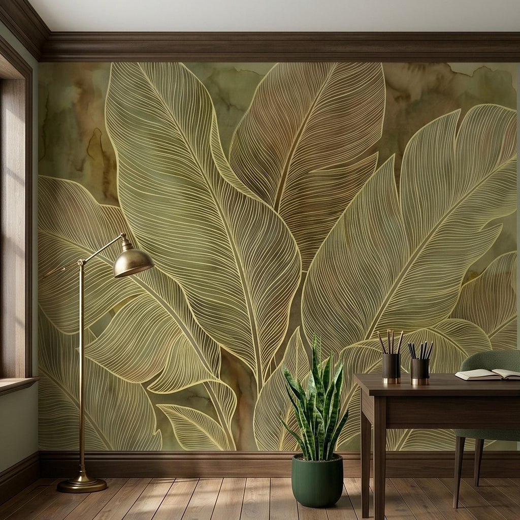 Tropical Leaf Peel and Stick Wall Mural, Neutral Botanical Line Art, Large Banana Leaves Earth Tone Modern Wallpaper