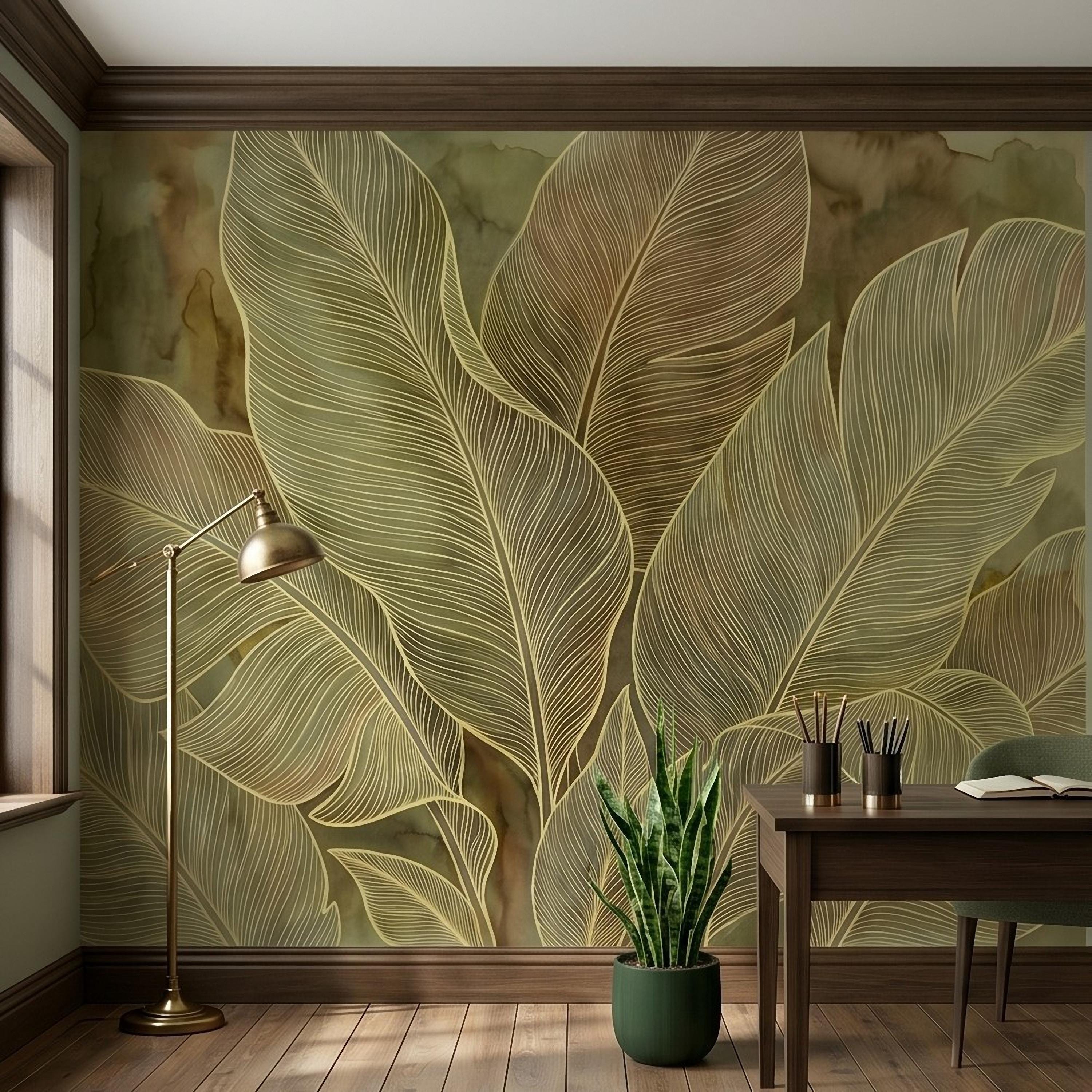 Tropical Leaf Peel and Stick Wall Mural, Neutral Botanical Line Art, Large Banana Leaves Earth Tone Modern Wallpaper