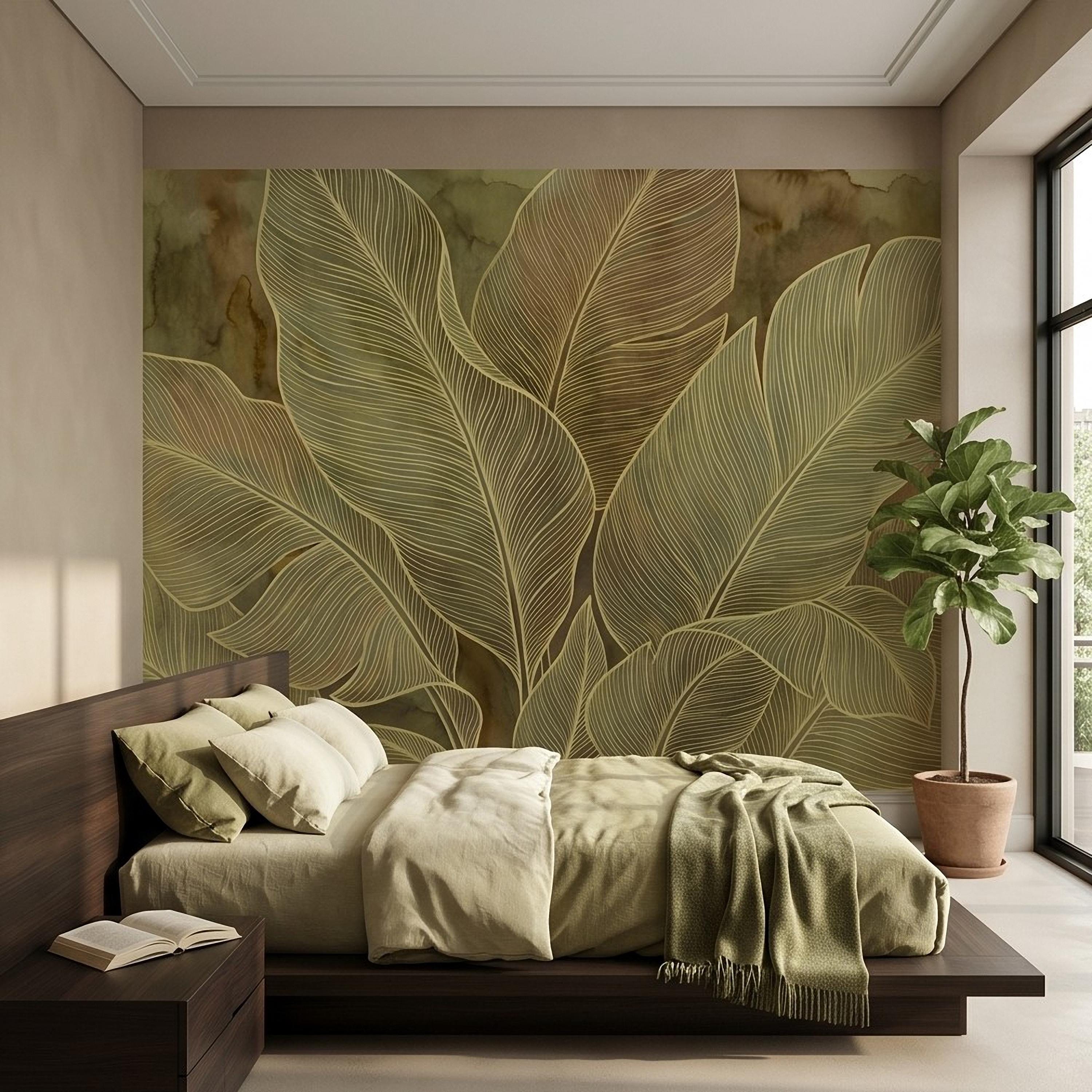 Tropical Leaf Peel and Stick Wall Mural, Neutral Botanical Line Art, Large Banana Leaves Earth Tone Modern Wallpaper