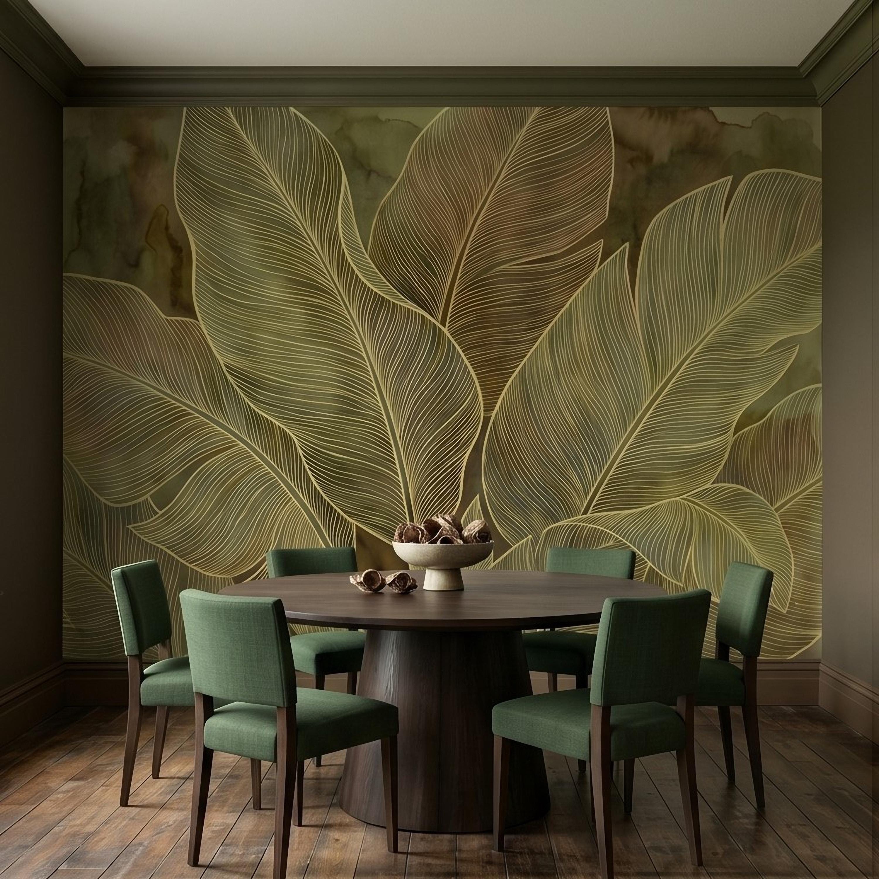 Tropical Leaf Peel and Stick Wall Mural, Neutral Botanical Line Art, Large Banana Leaves Earth Tone Modern Wallpaper