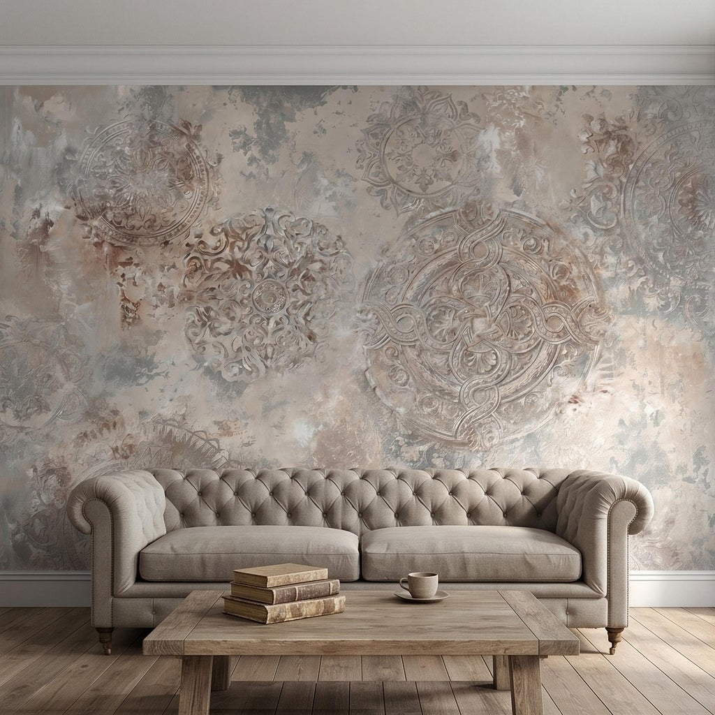 Vintage Medallion Peel and Stick Wall Mural, Neutral Ornamental Plaster Texture, Distressed Boho Baroque Pattern Wallpaper