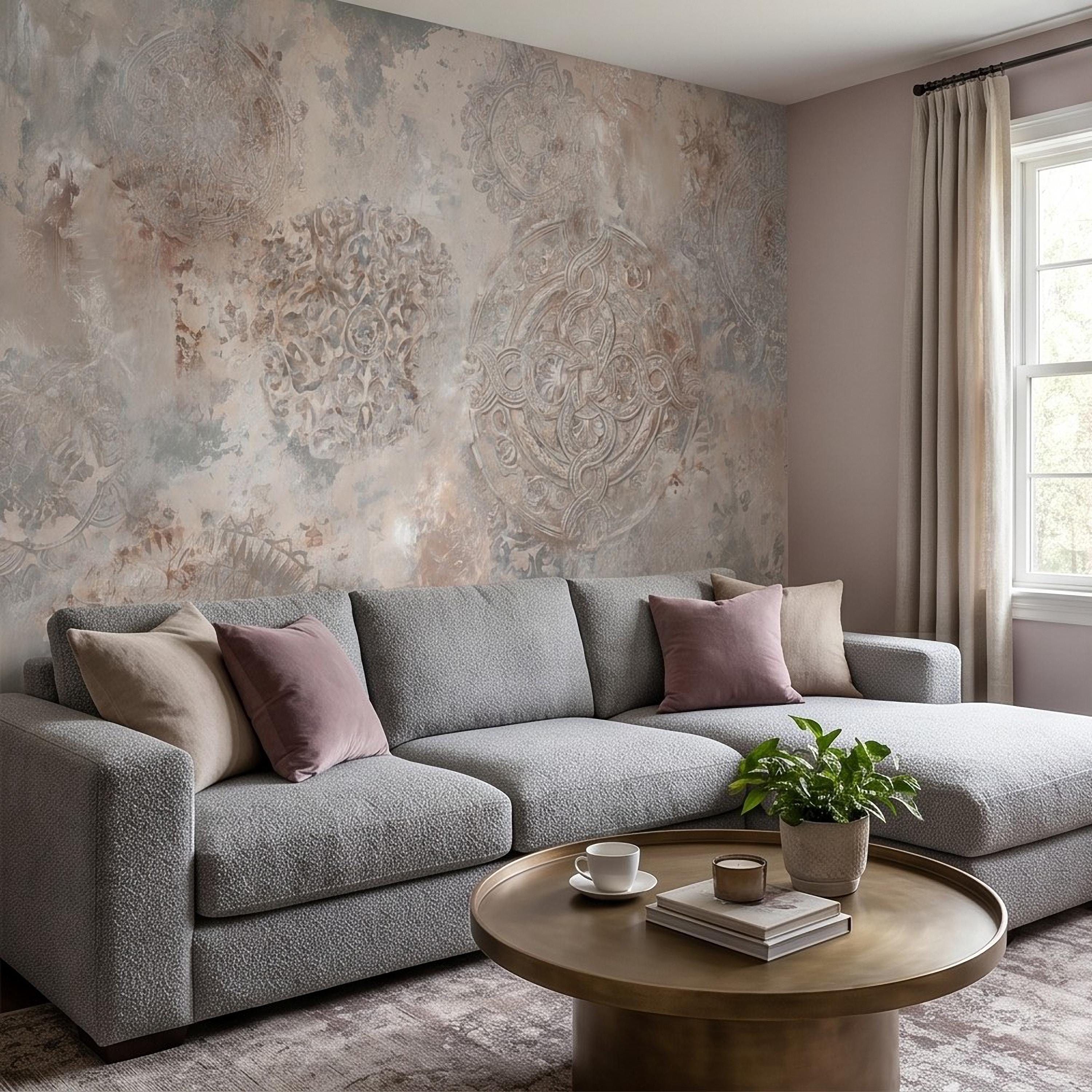 Vintage Medallion Peel and Stick Wall Mural, Neutral Ornamental Plaster Texture, Distressed Boho Baroque Pattern Wallpaper