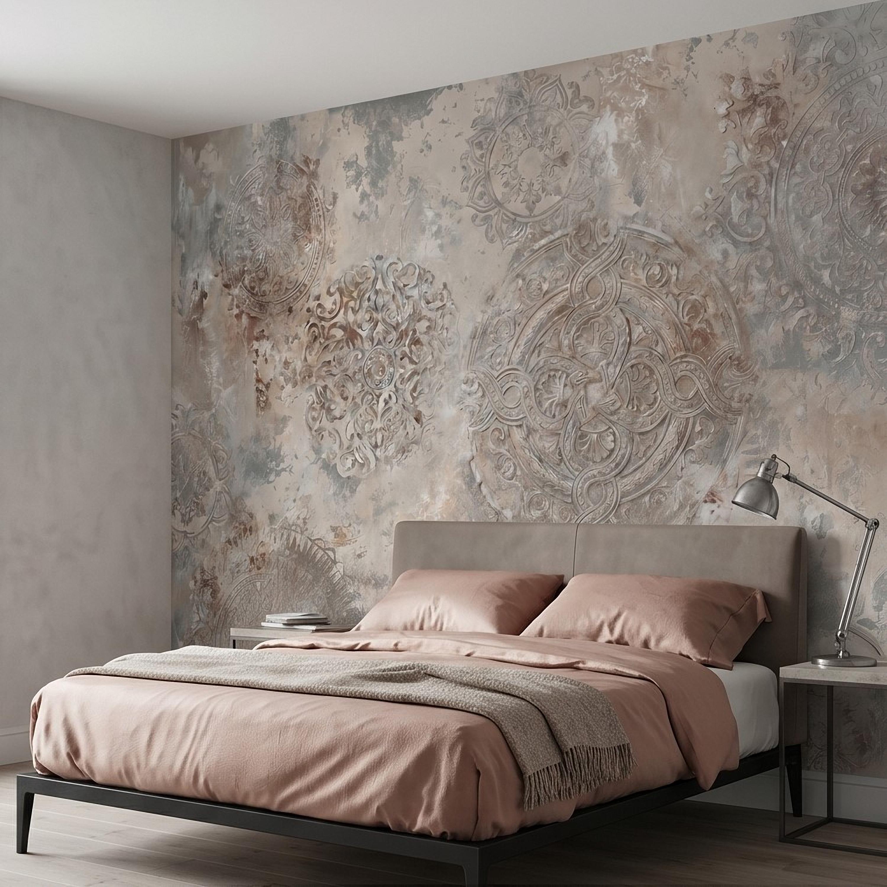 Vintage Medallion Peel and Stick Wall Mural, Neutral Ornamental Plaster Texture, Distressed Boho Baroque Pattern Wallpaper